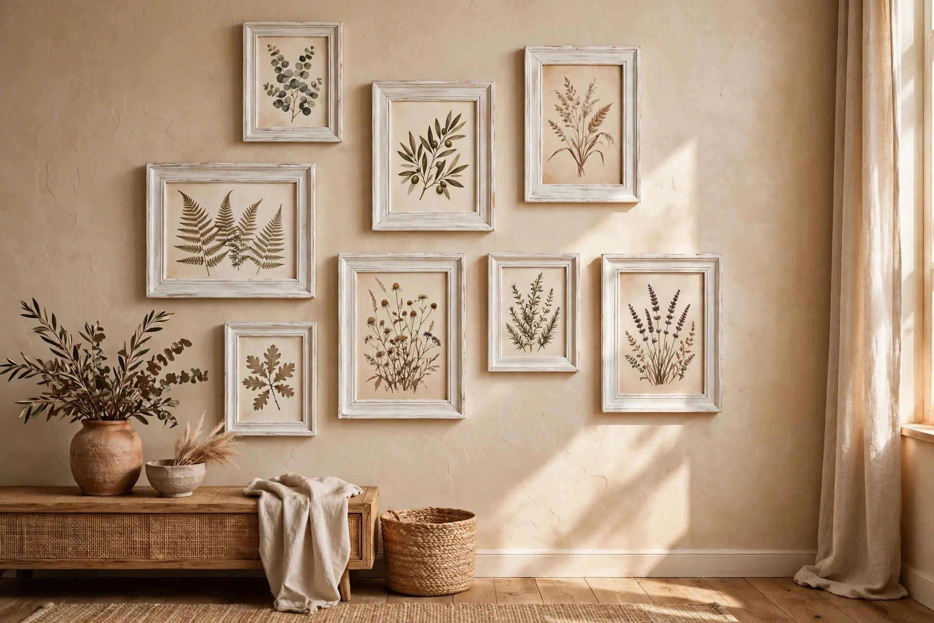 Limewashed wooden picture frames on a warm beige textured wall