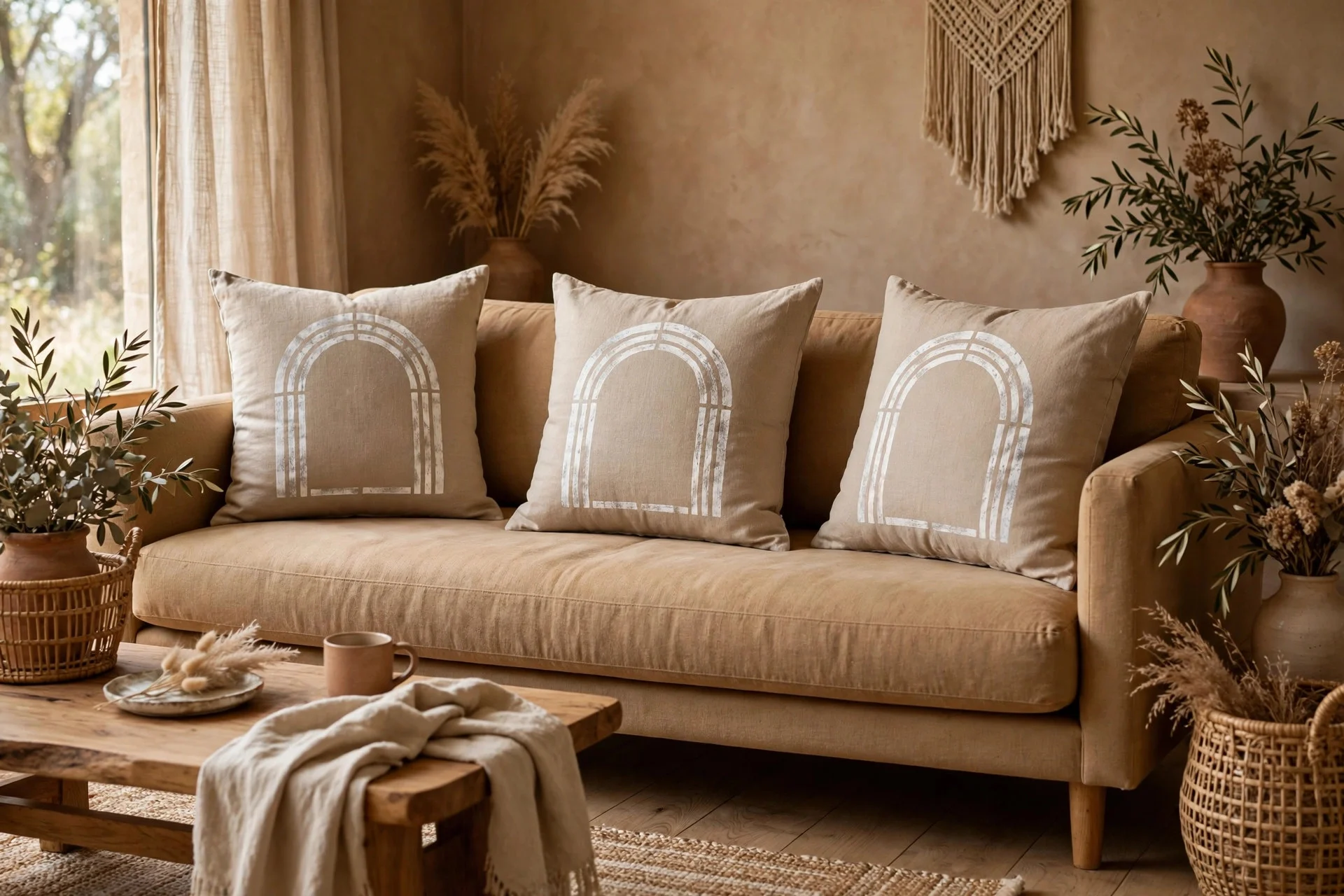 Beige linen cushions with whitewash stenciled patterns on tan sofa
