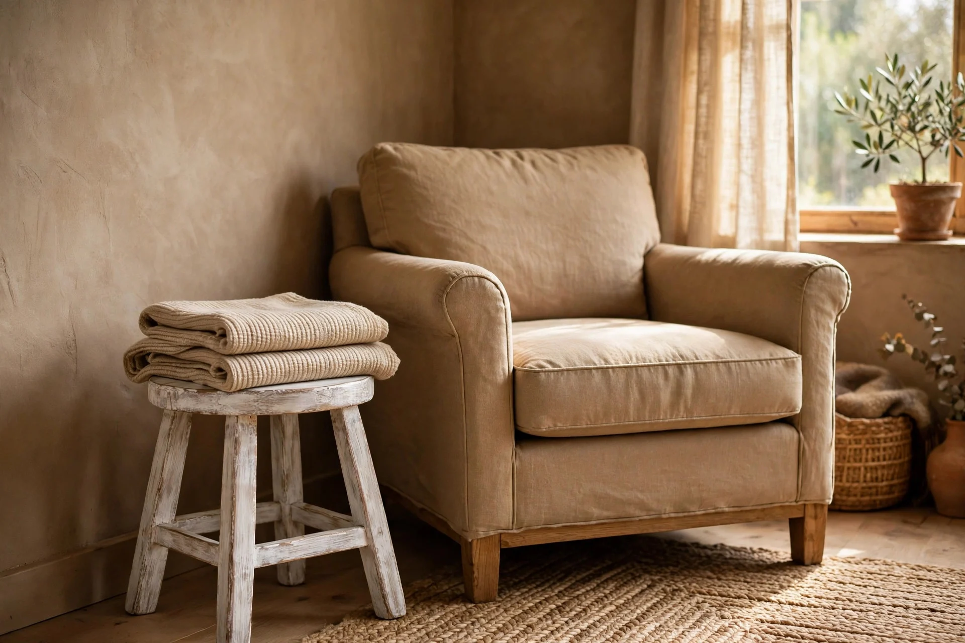Rustic wooden stool with chalky limewash finish beside an armchair