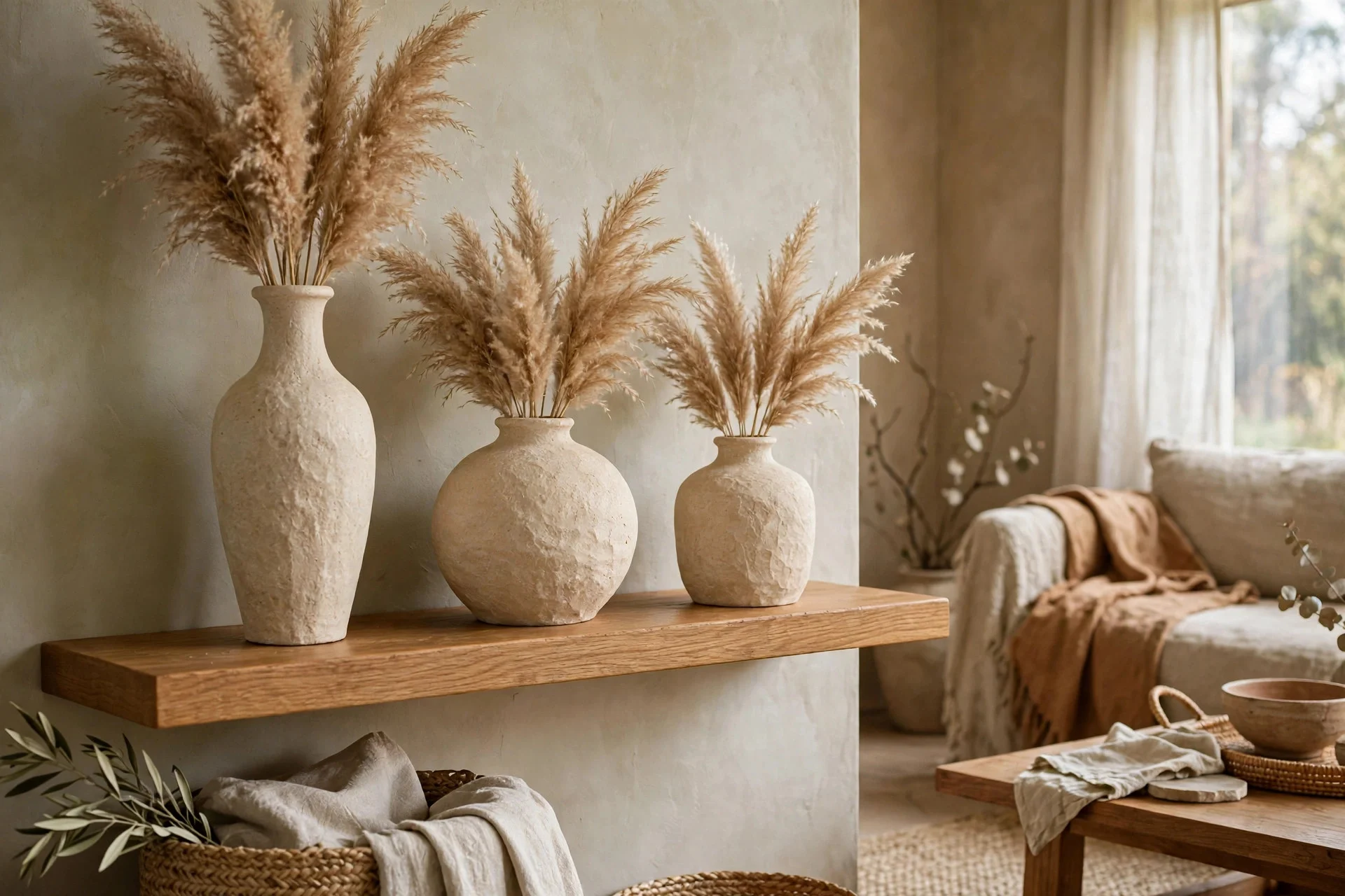 Matte limewash coated glass vases with pampas grass on shelf
