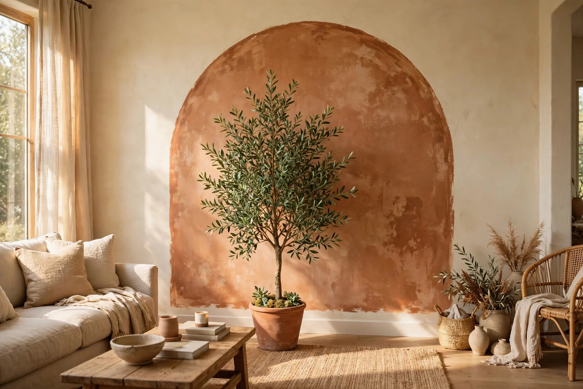 Terracotta limewash arch painted on cream wall behind olive tree