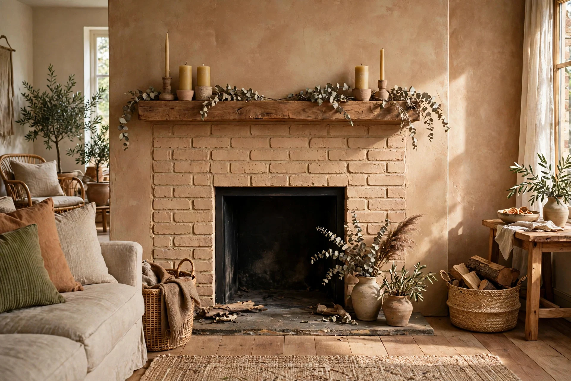Brick fireplace surround painted with warm clay limewash finish