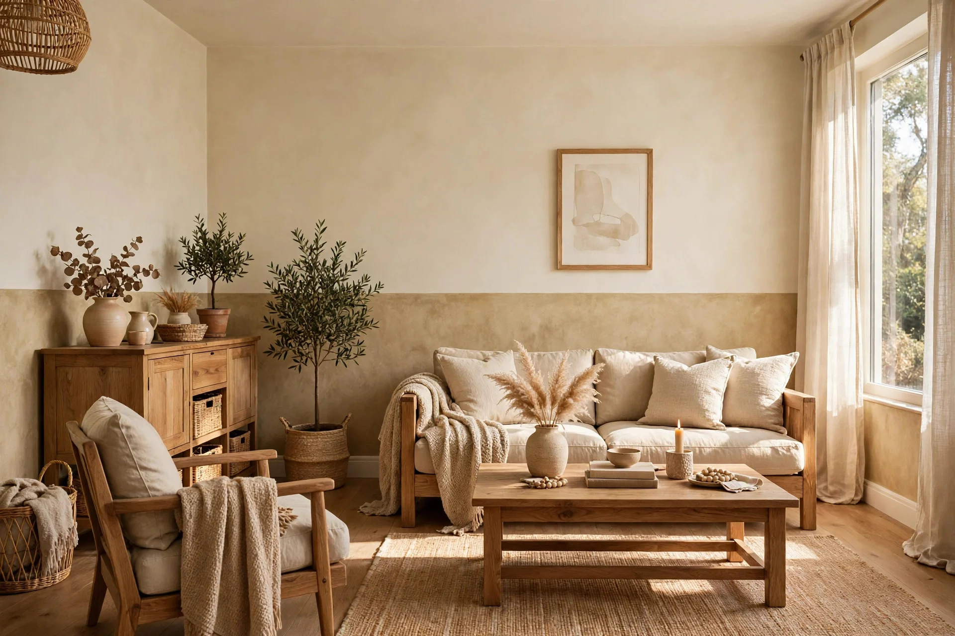 Living room with textured limewash half-wall stripe around the room