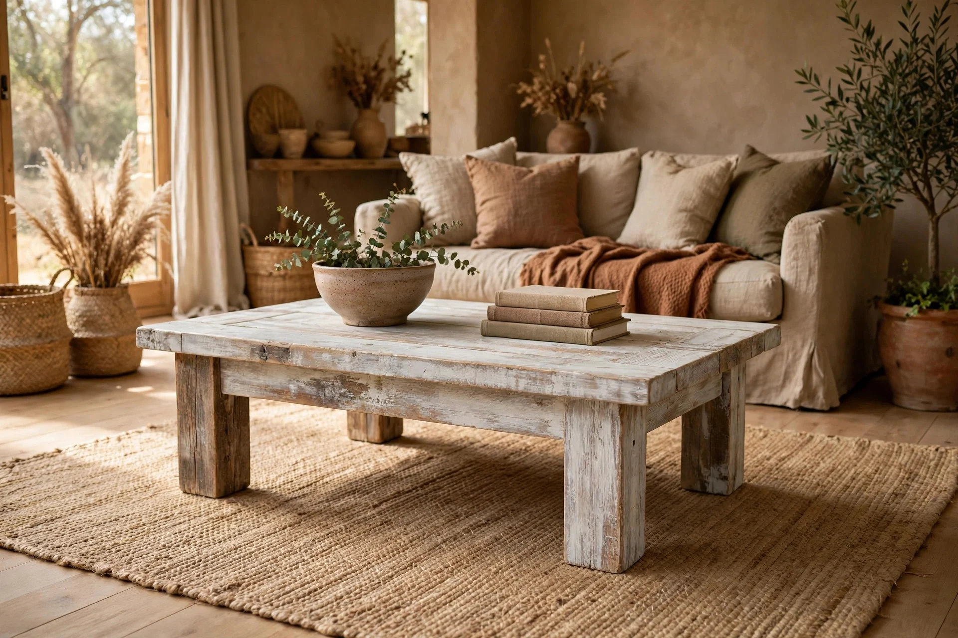 Chunky wooden coffee table with chalky limewash finish on jute rug