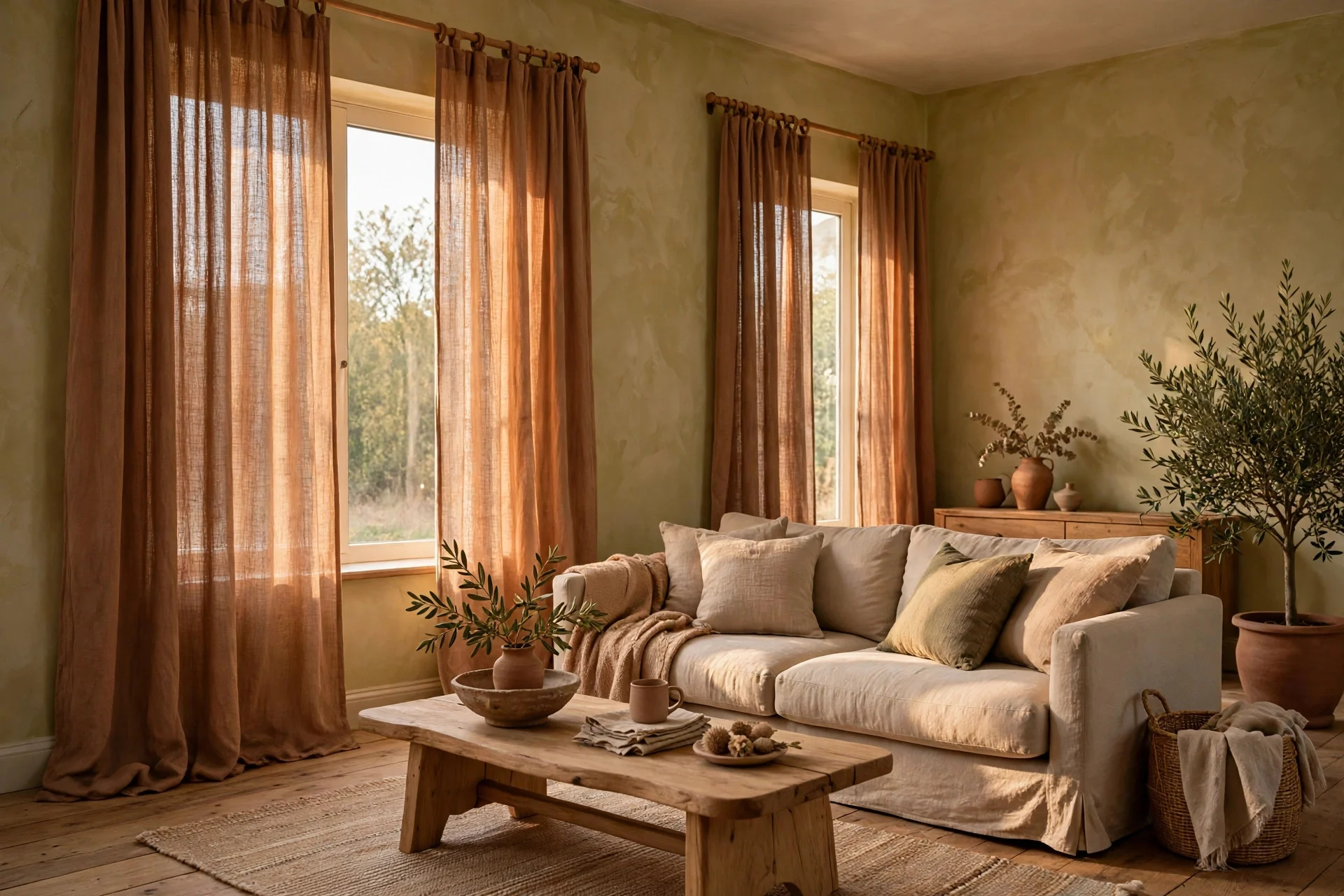 Clay toned linen curtains filtering warm daylight into living room