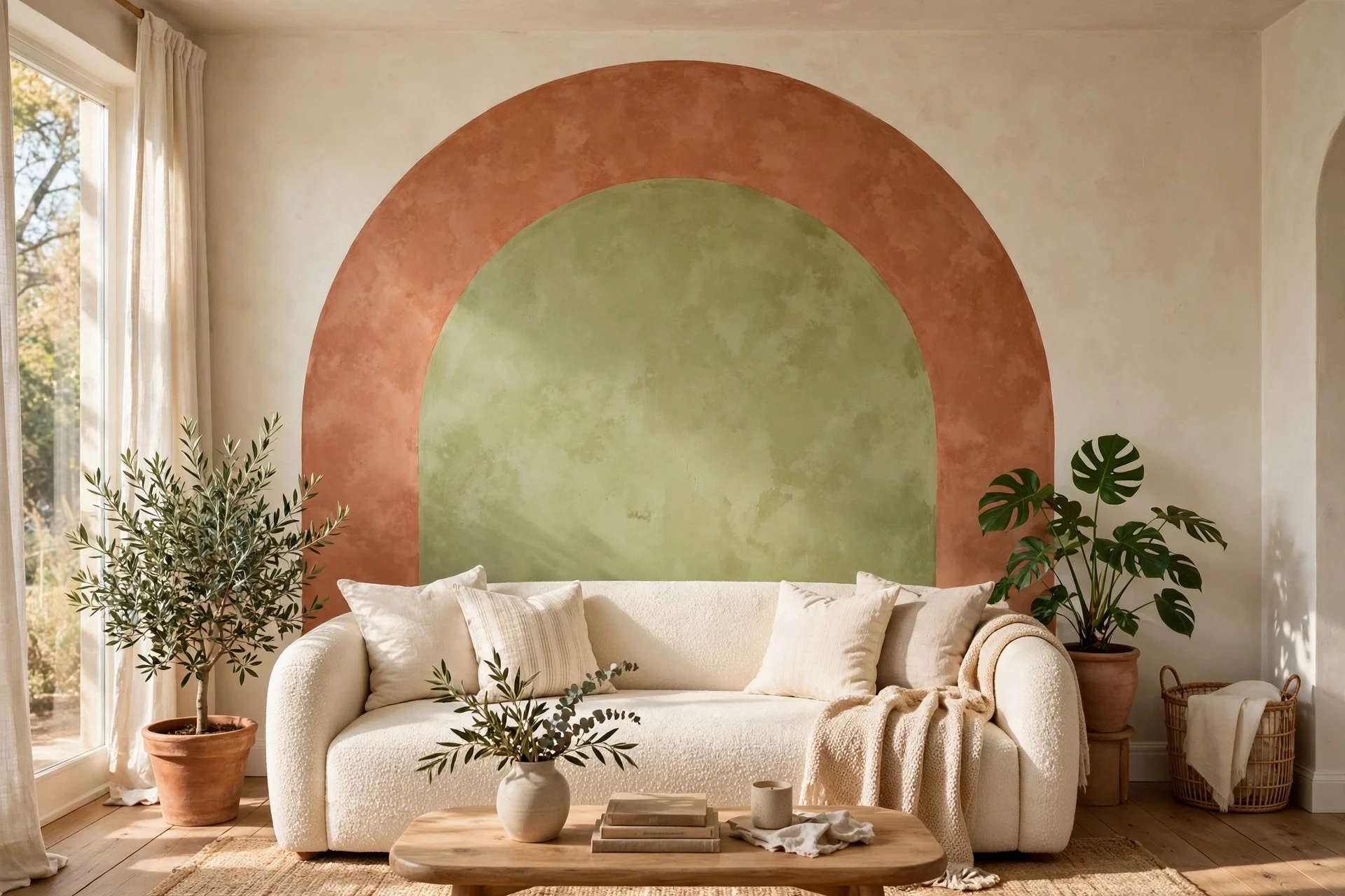 Large earthy arch mural painted in limewash behind a sofa