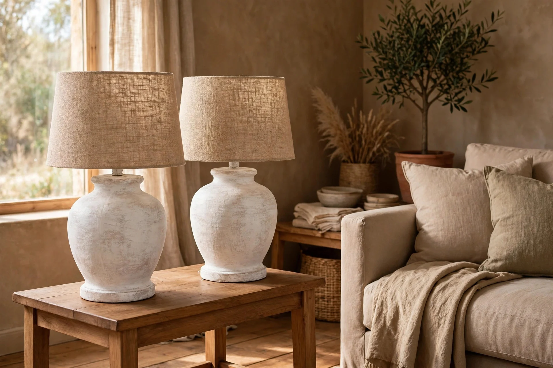Pair of limewash painted table lamps with textured shades