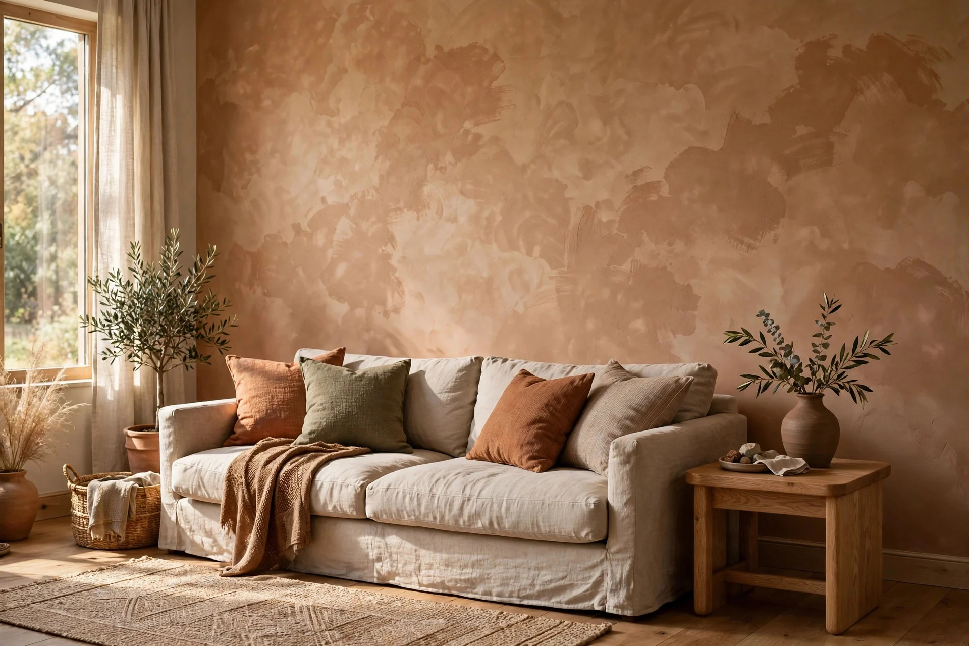 Textured clay toned limewash accent wall behind a linen sofa