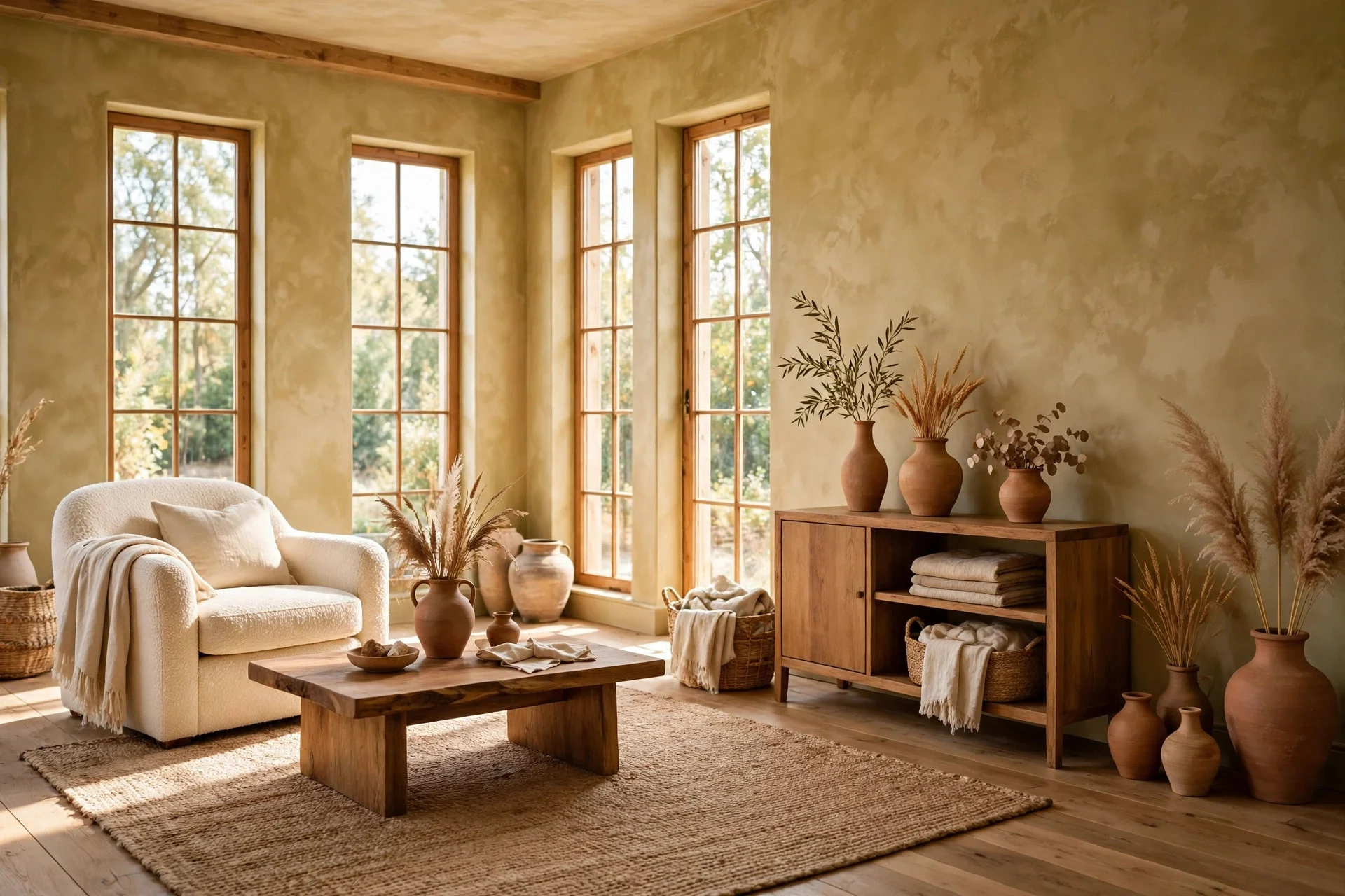 Entire living room with limewash walls and earthy wood furniture