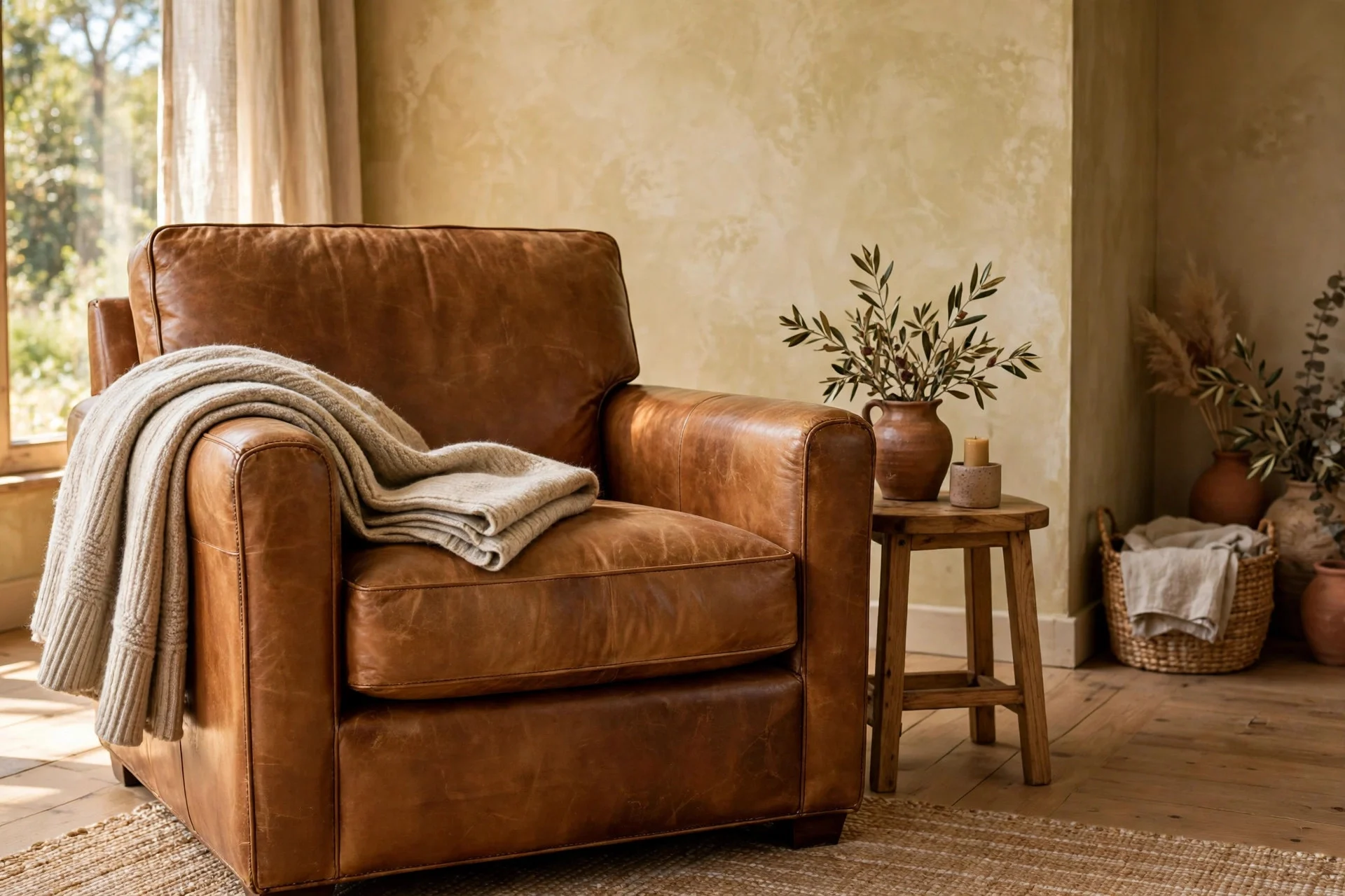 Cognac leather armchair against a warm beige limewash wall