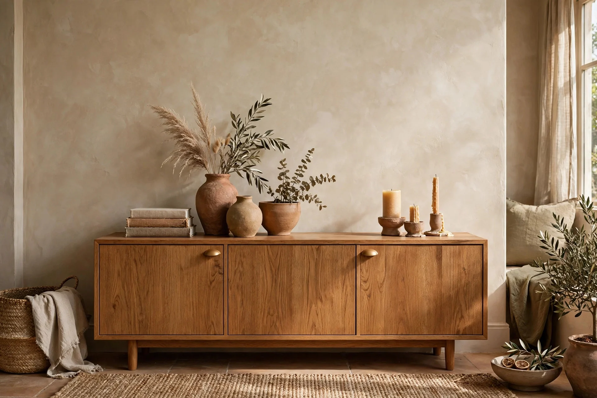 Warm oak credenza styled under a textured limewash wall