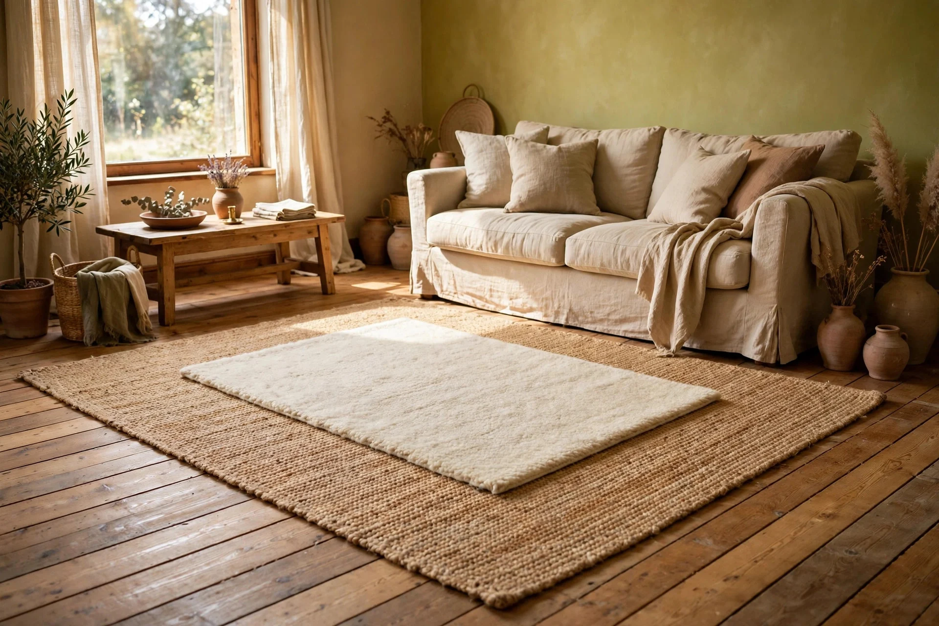 Layered jute and wool rugs on floor before limewash walls