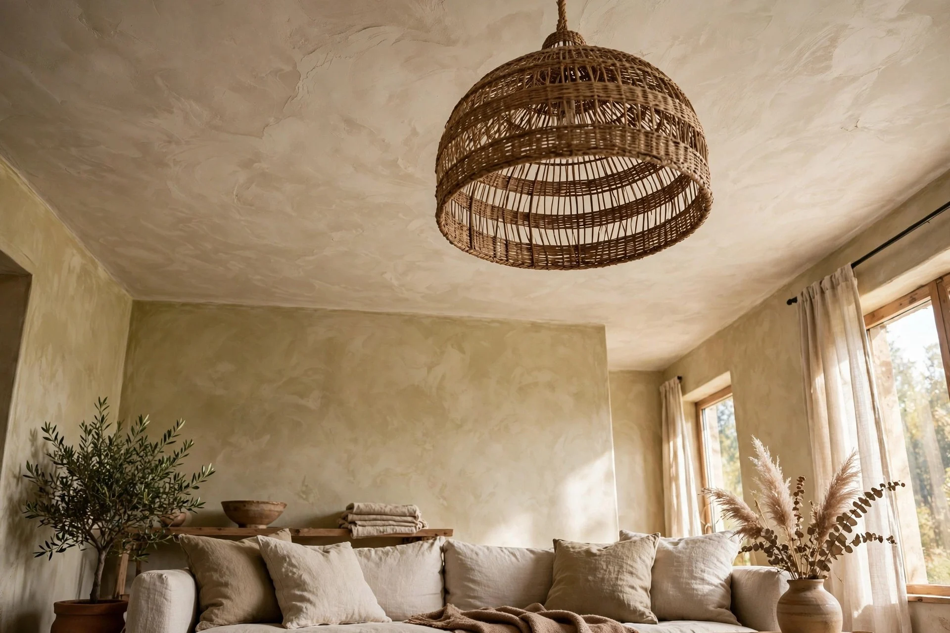 Plaster look limewash ceiling with woven rattan pendant light