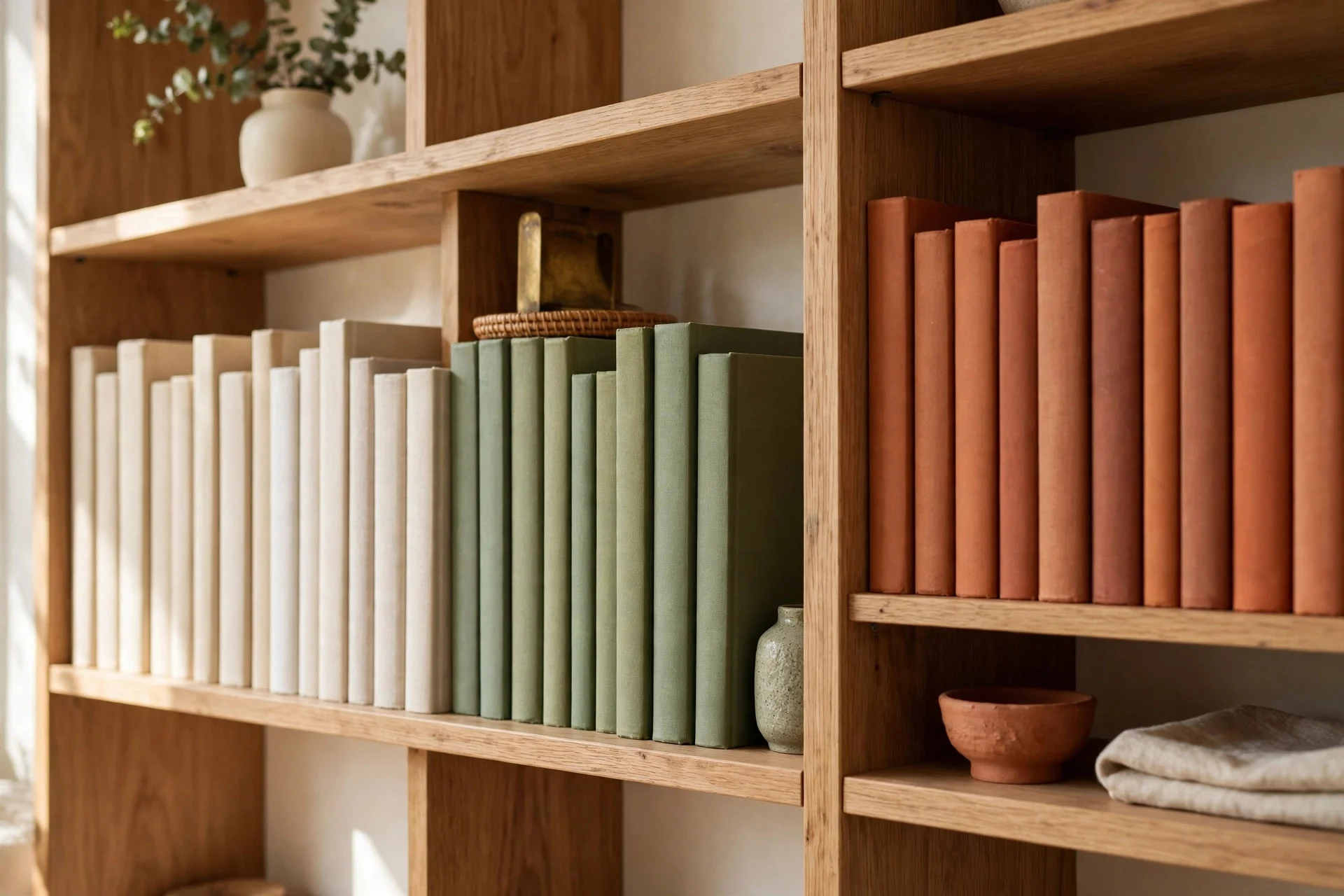 Styled living room bookshelf with color-blocked book spines