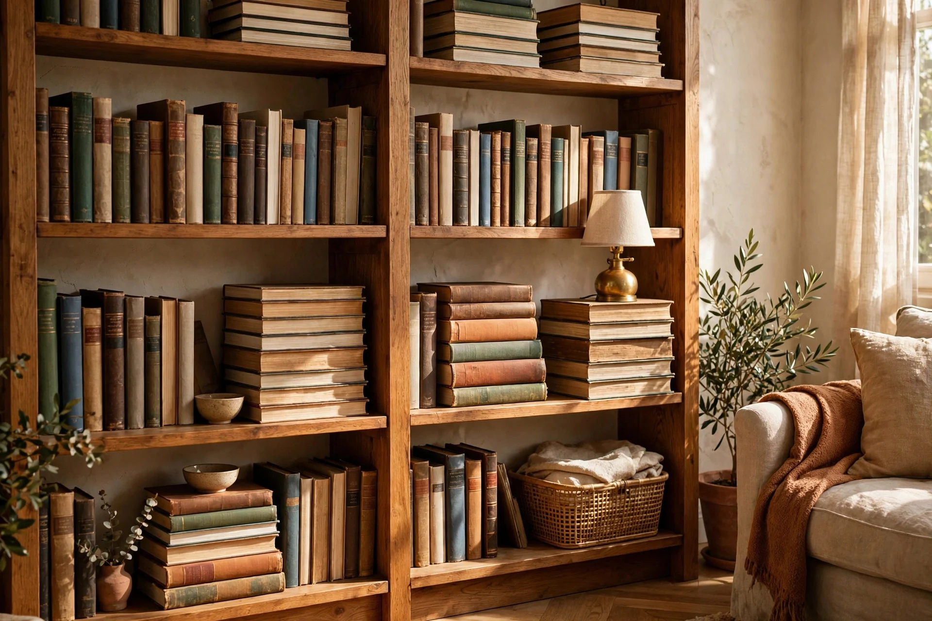 Horizontal book stacks with a small brass lamp on shelves