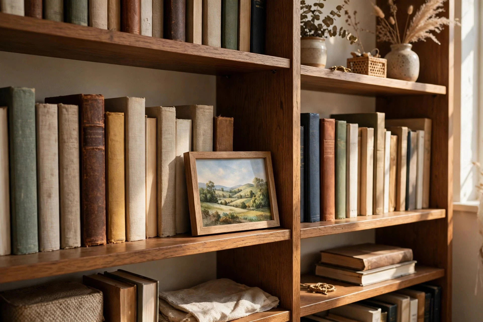 Framed art print leaning between books on a bookcase