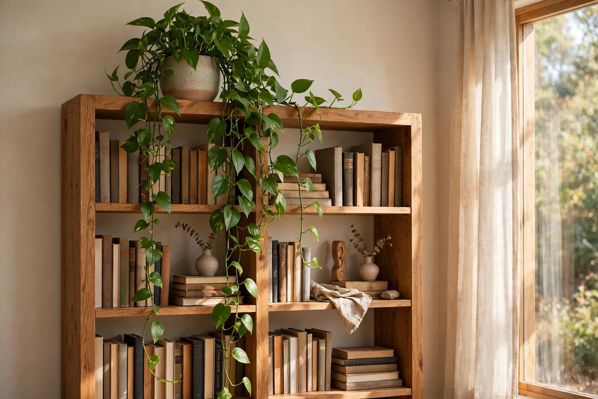 Trailing pothos plant cascading over a bookshelf top