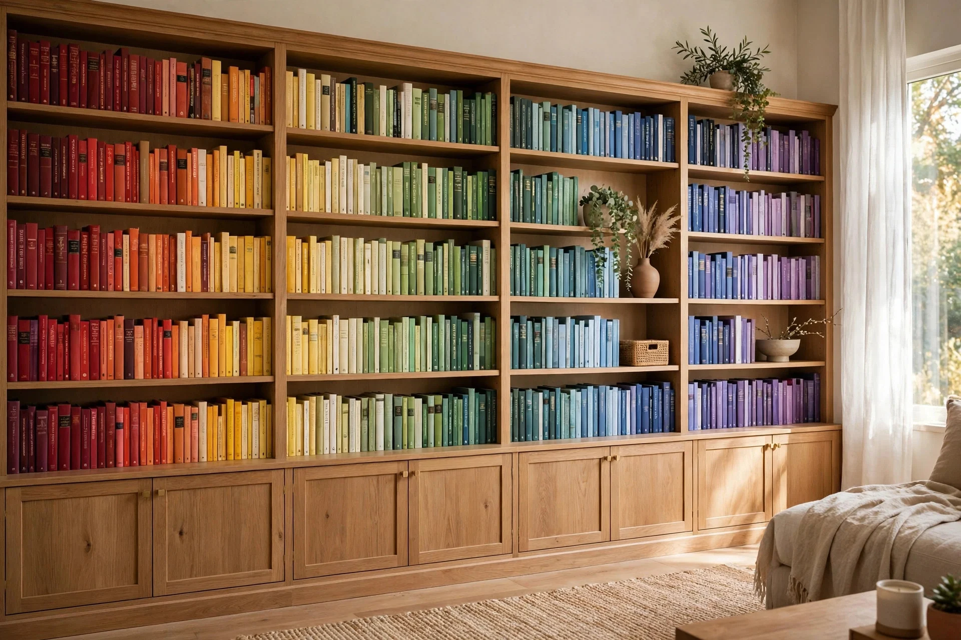Rainbow-sorted books filling a cozy living room bookshelf