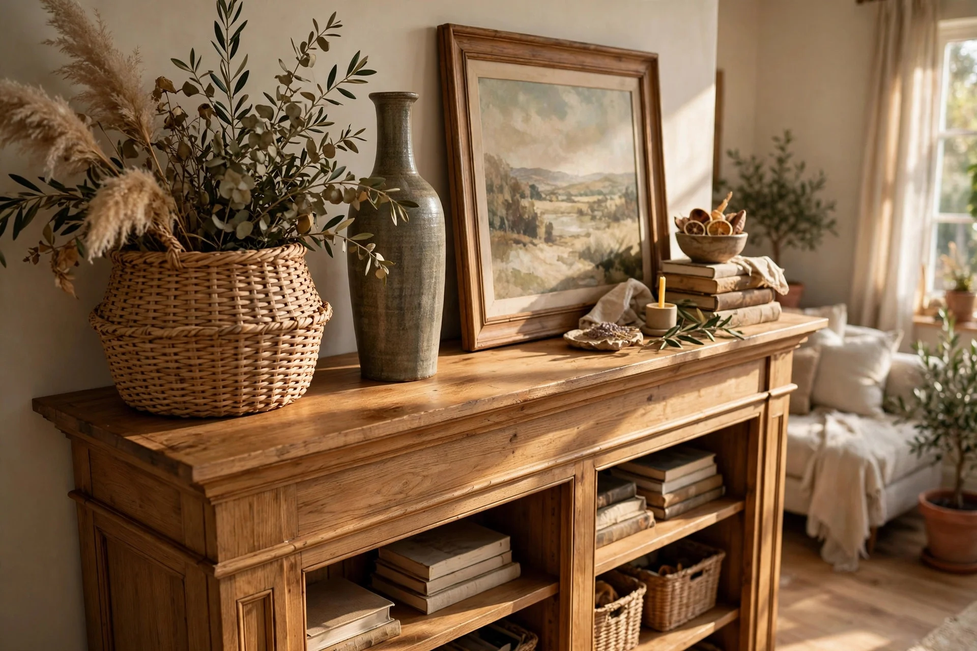 Tall bookcase crowned with baskets, vase, and artwork