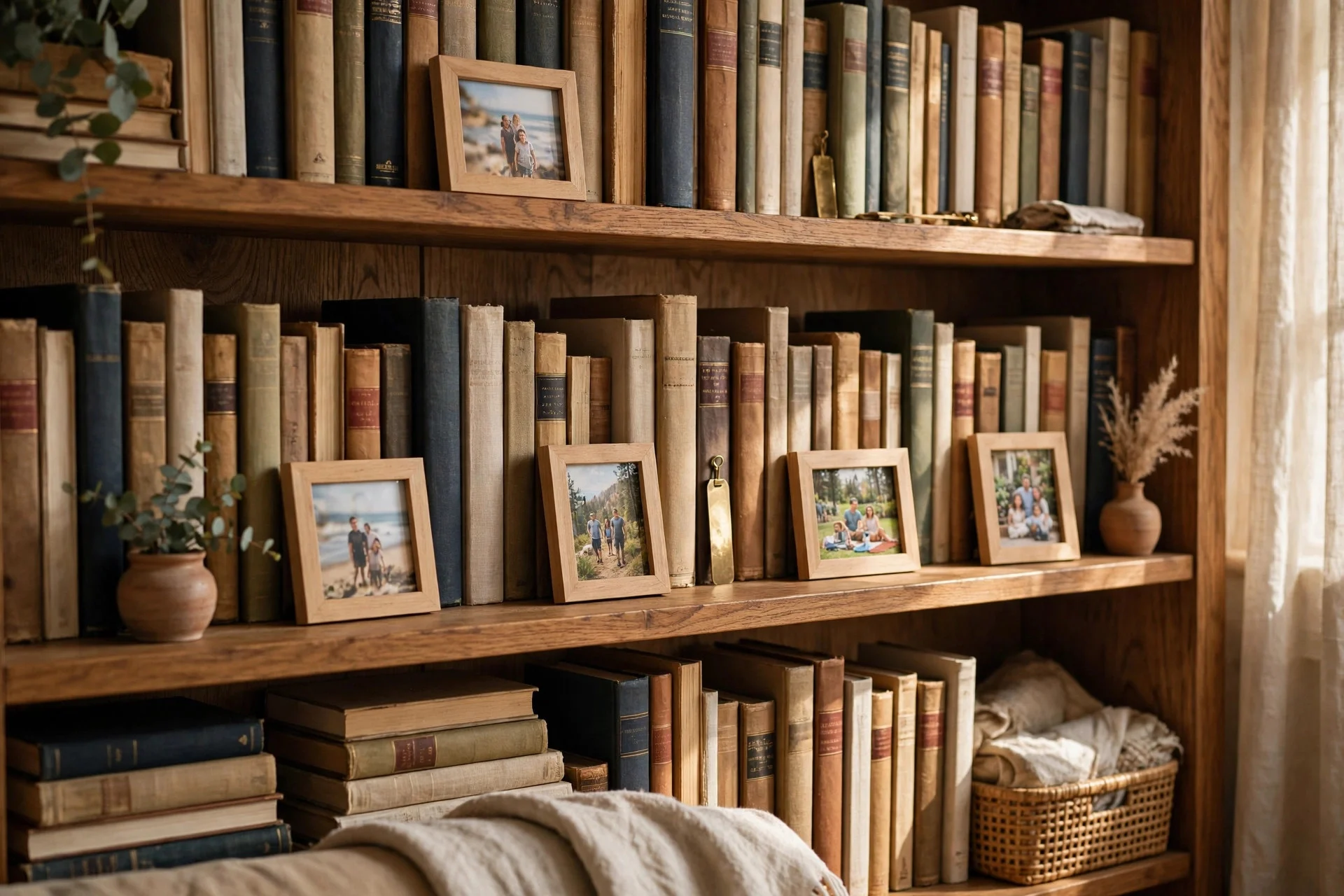 Small framed photos tucked between books on shelves