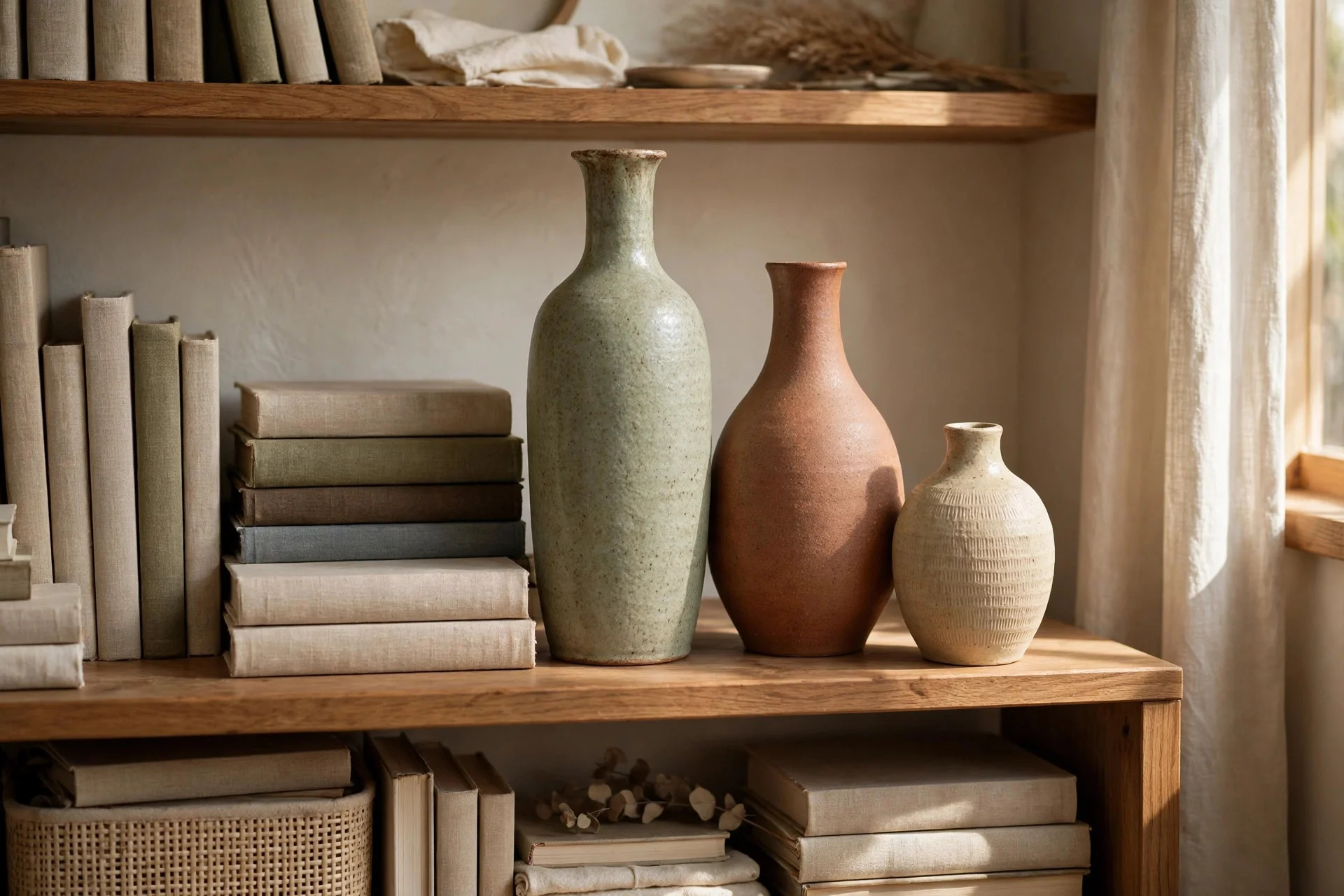 Three vases of different heights styled on a shelf