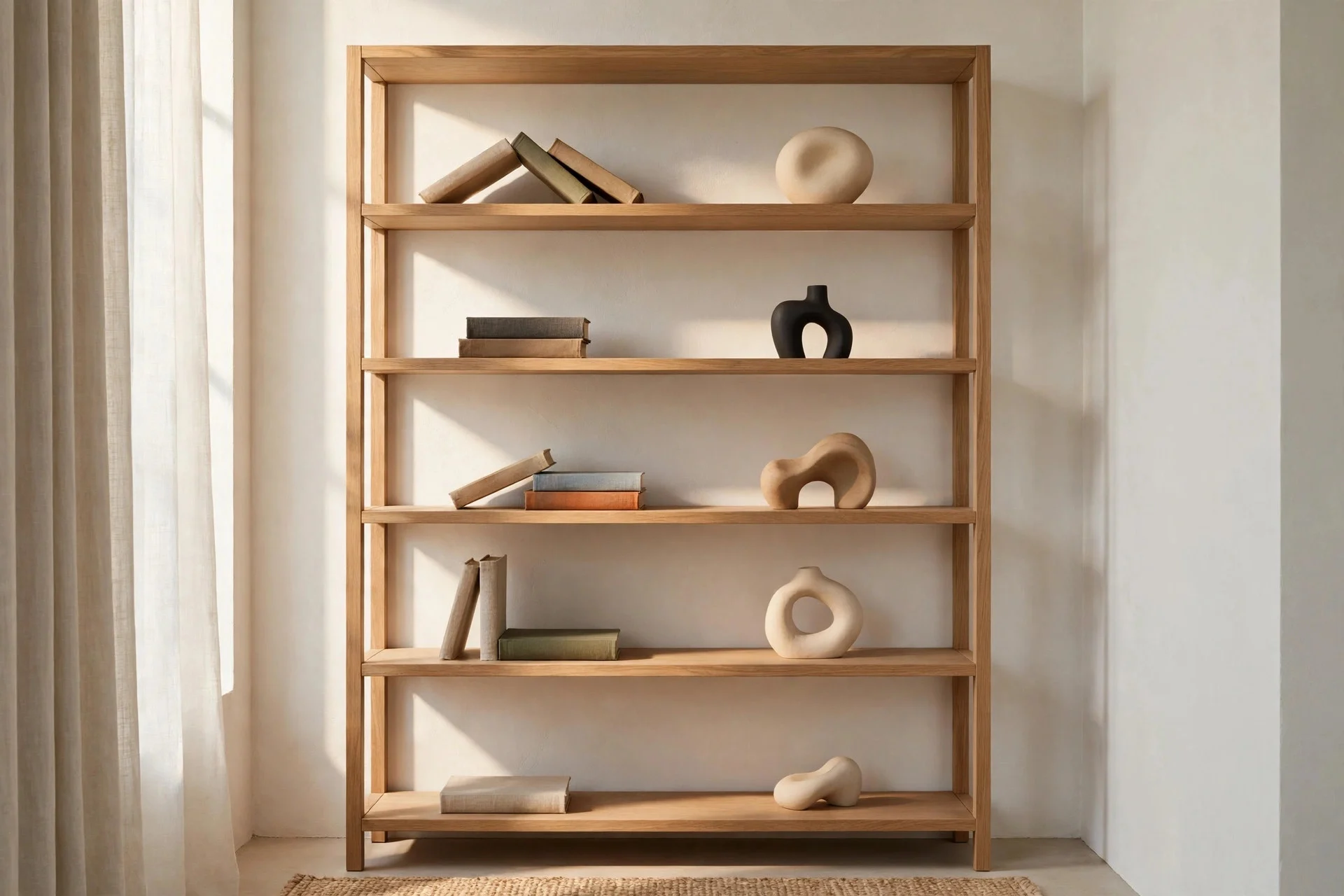 Bookshelf with empty negative space around styled objects