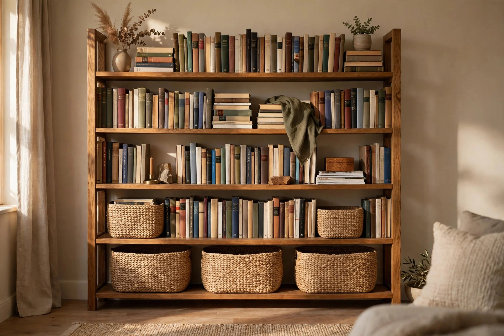 Woven baskets stored on the bottom shelves of bookcase