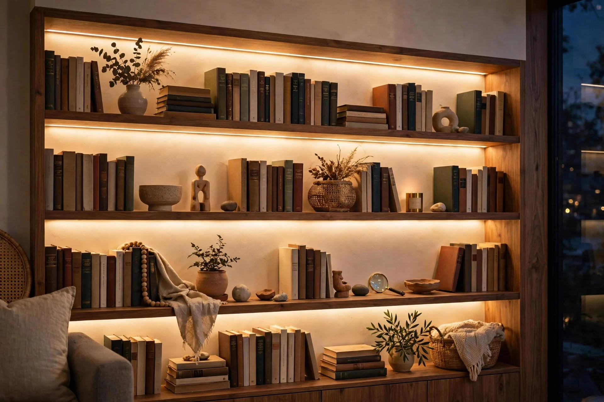 Warm LED strip lighting glowing under bookshelf shelves