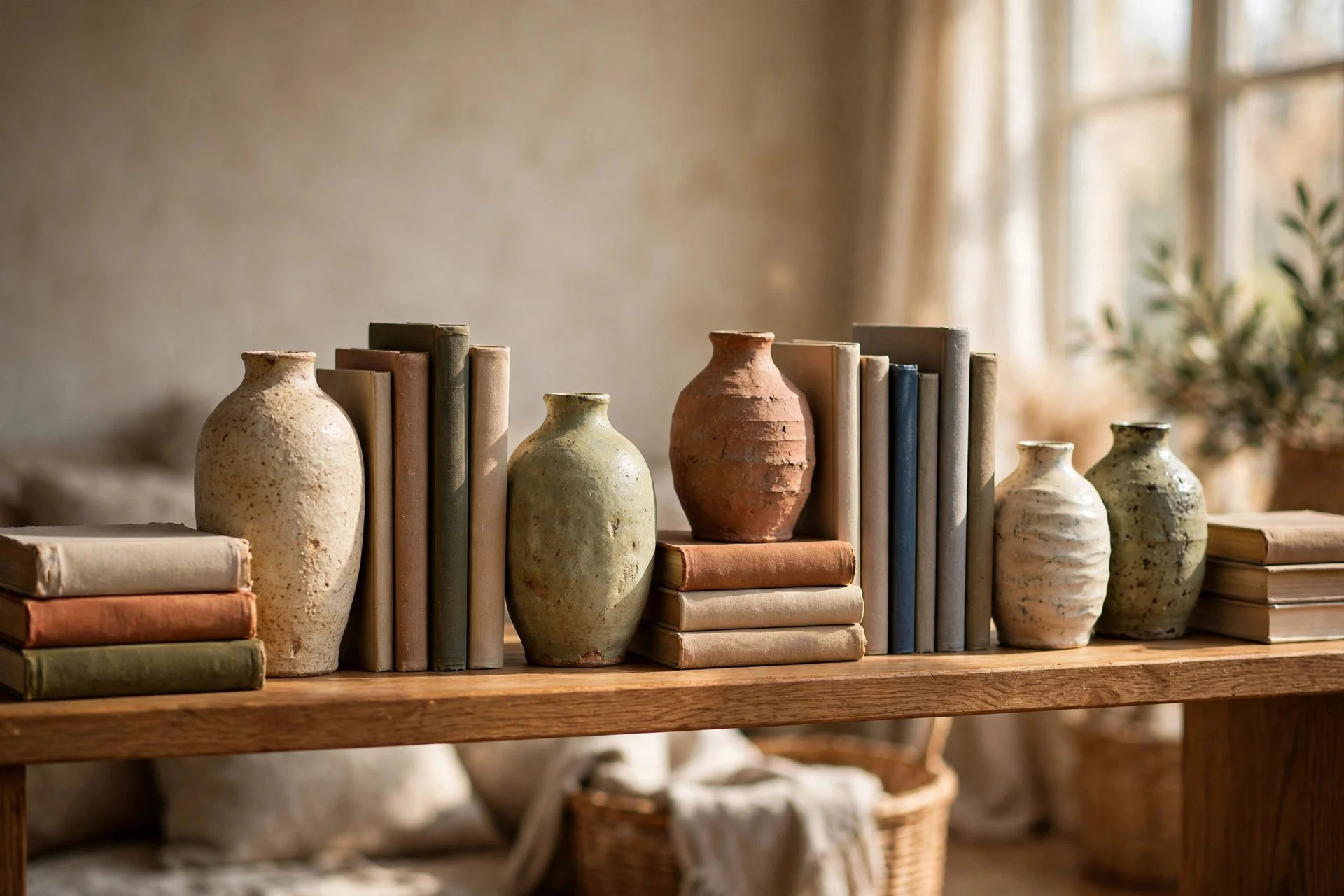 Ceramic vase collection displayed among rows of books