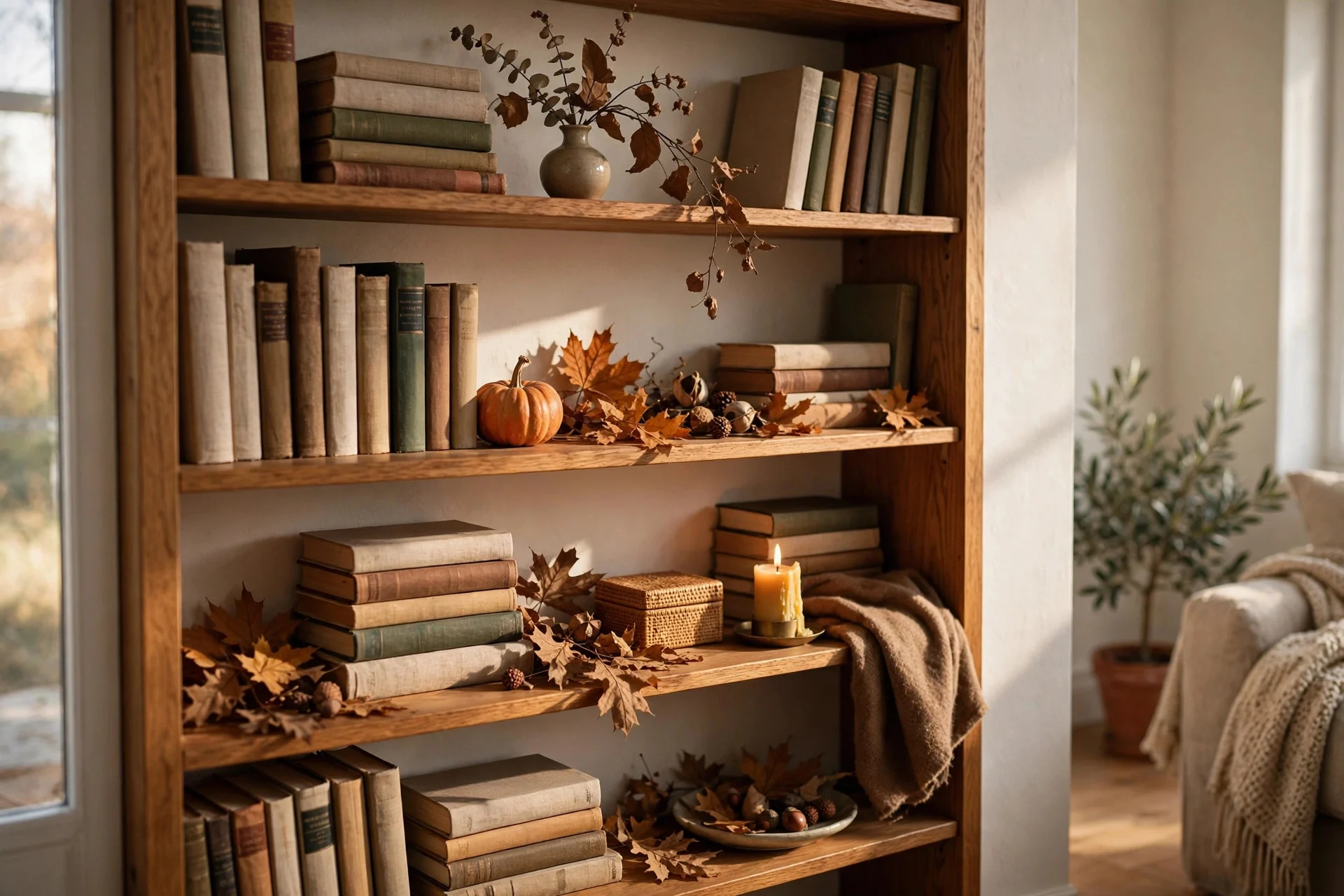 Bookshelf styled with small autumn seasonal accent decor