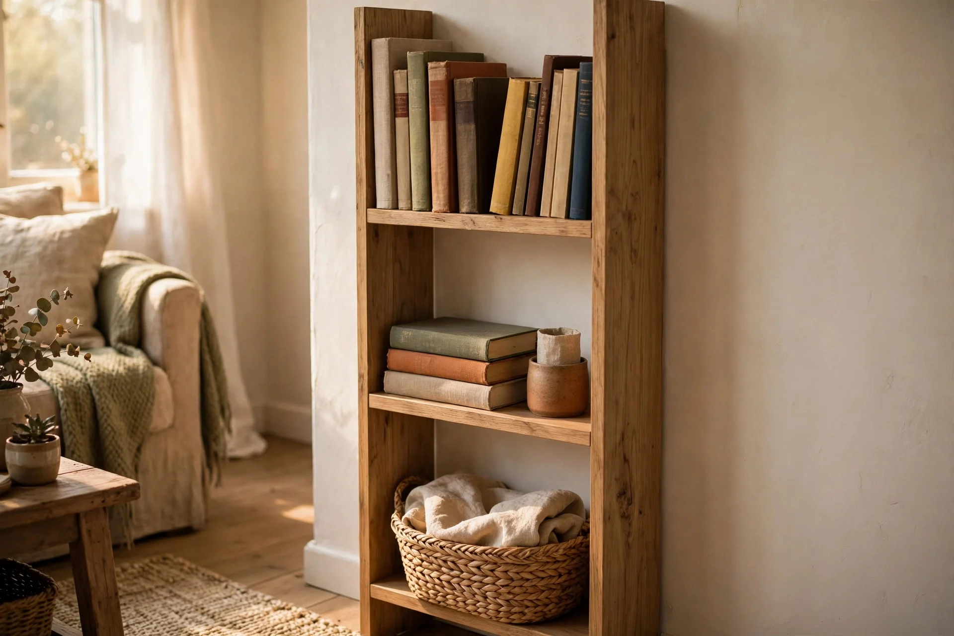 Compact single bookcase styled in a small living room