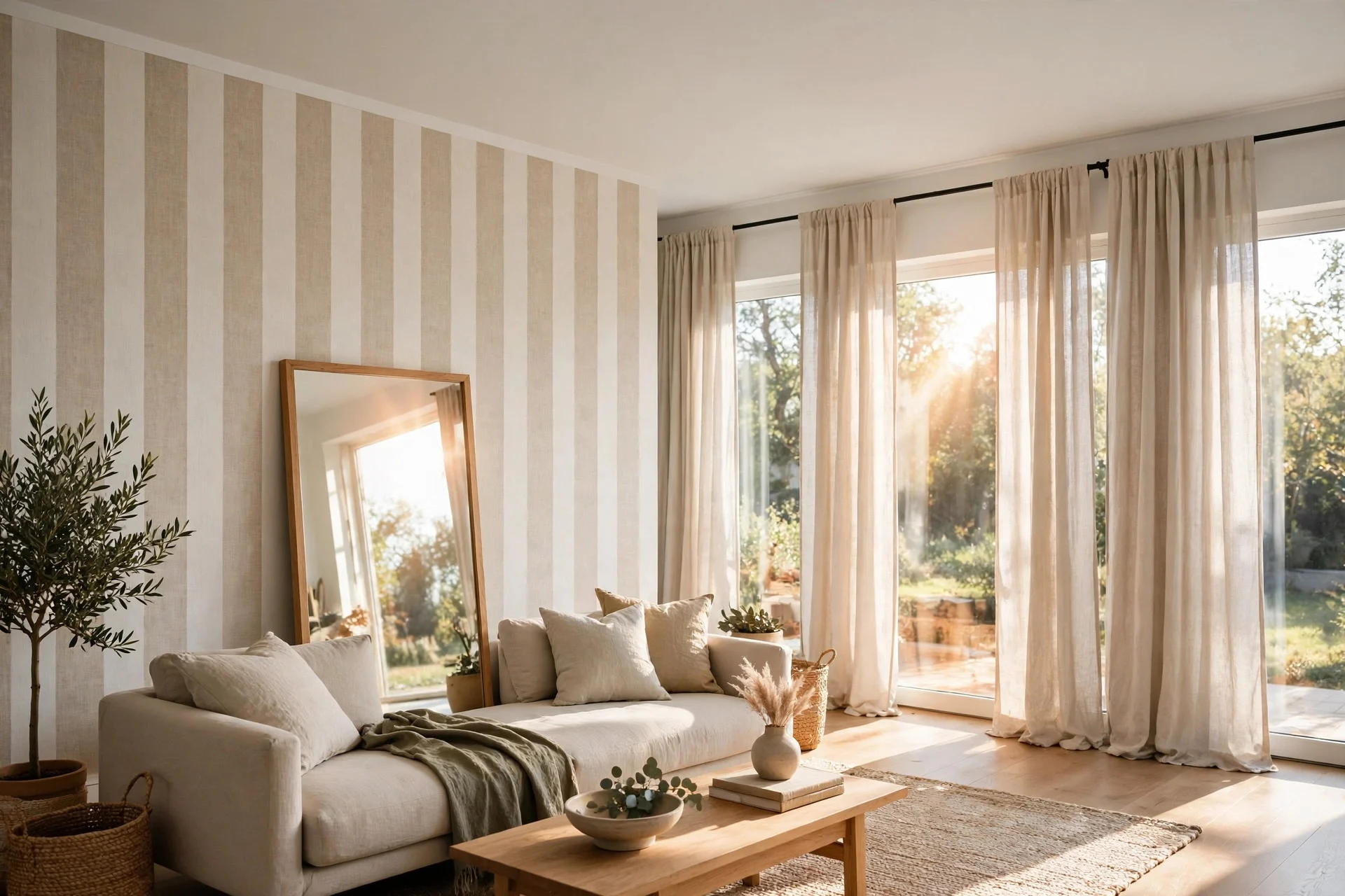 Vertical striped accent wall draws the eye upward in living room