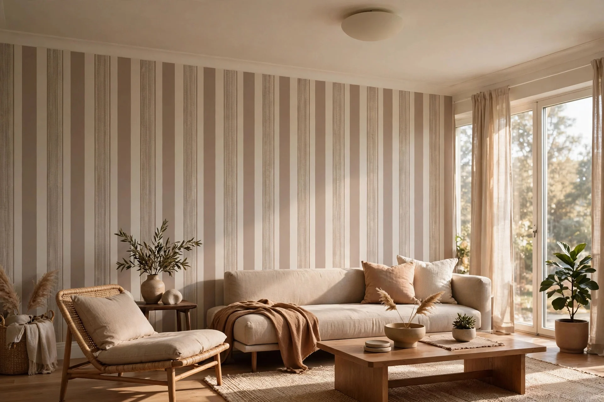 Vertical striped accent wall draws the eye upward in living room