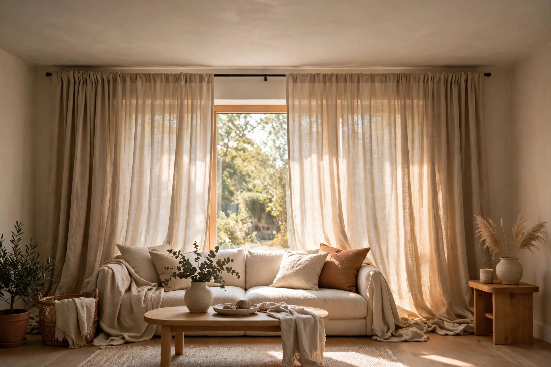 Floor-to-ceiling linen curtains hung from rod near the ceiling