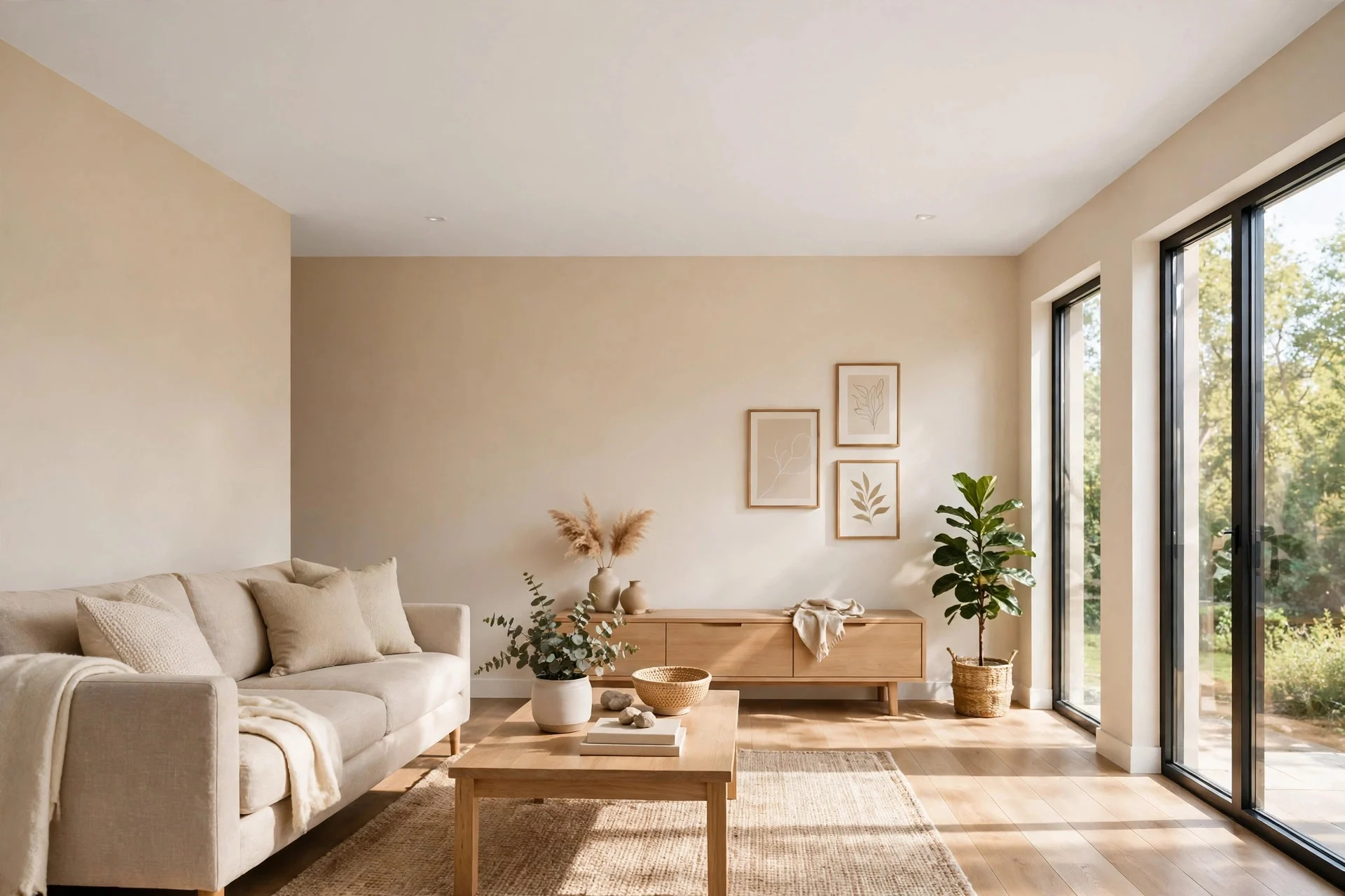 Bright white painted ceiling makes low living room feel airier
