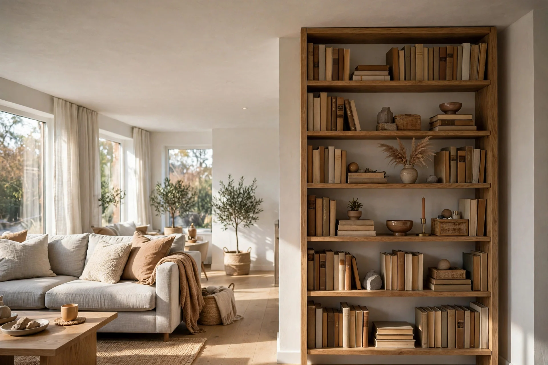Tall narrow bookcase stretching nearly to the low ceiling