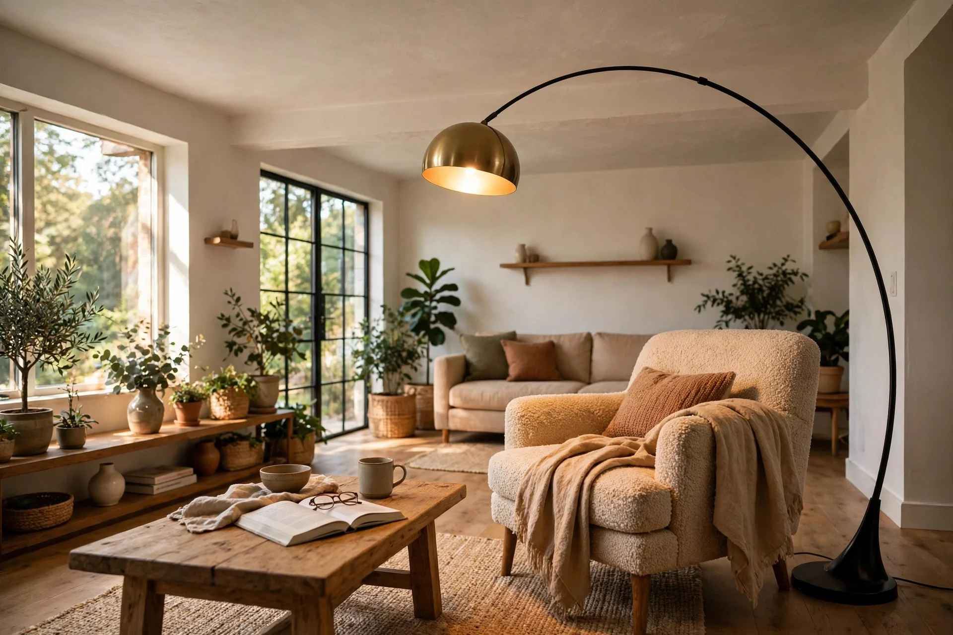 Arched floor lamp curving gracefully over a reading chair