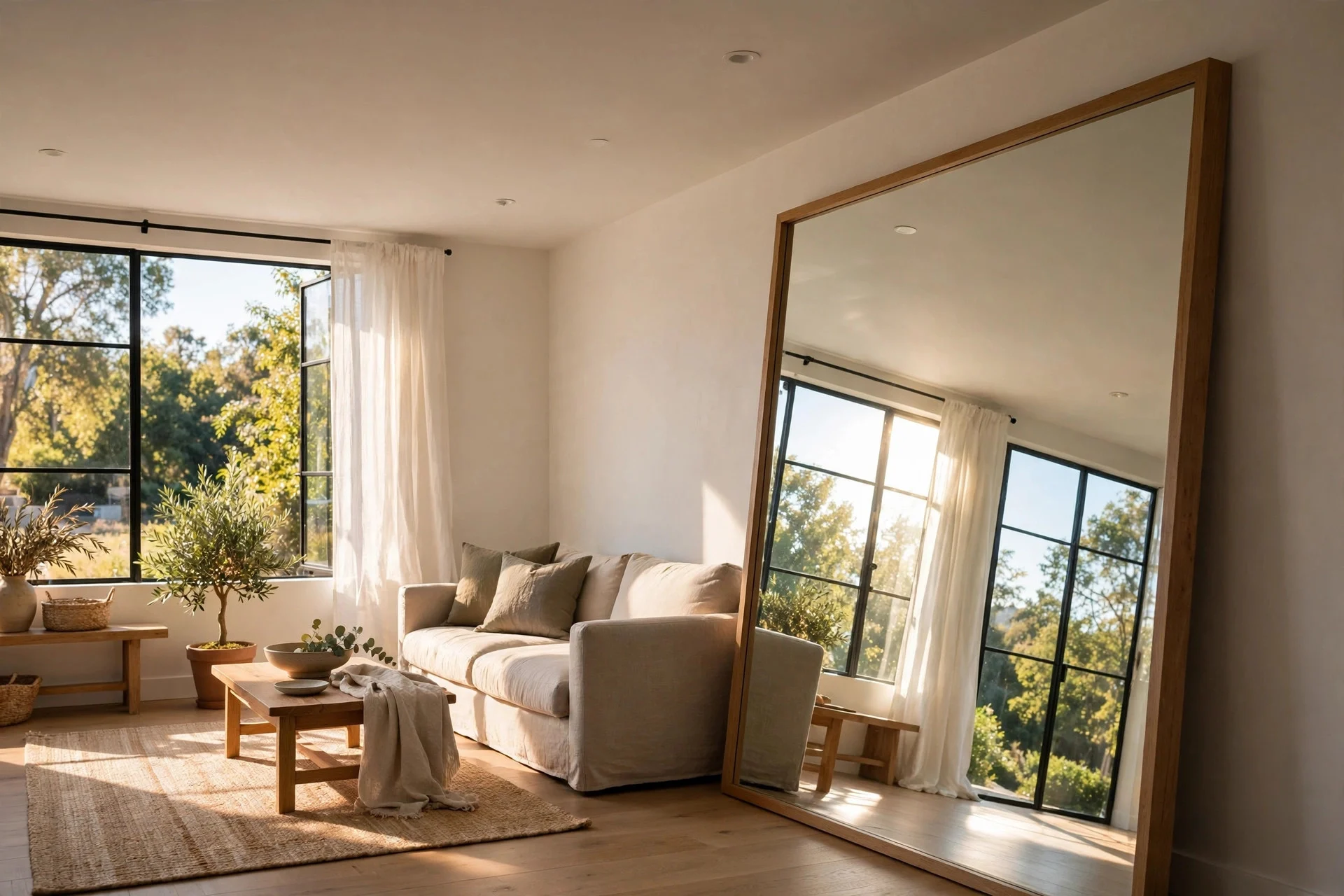 Oversized leaning mirror reflecting daylight across the living room