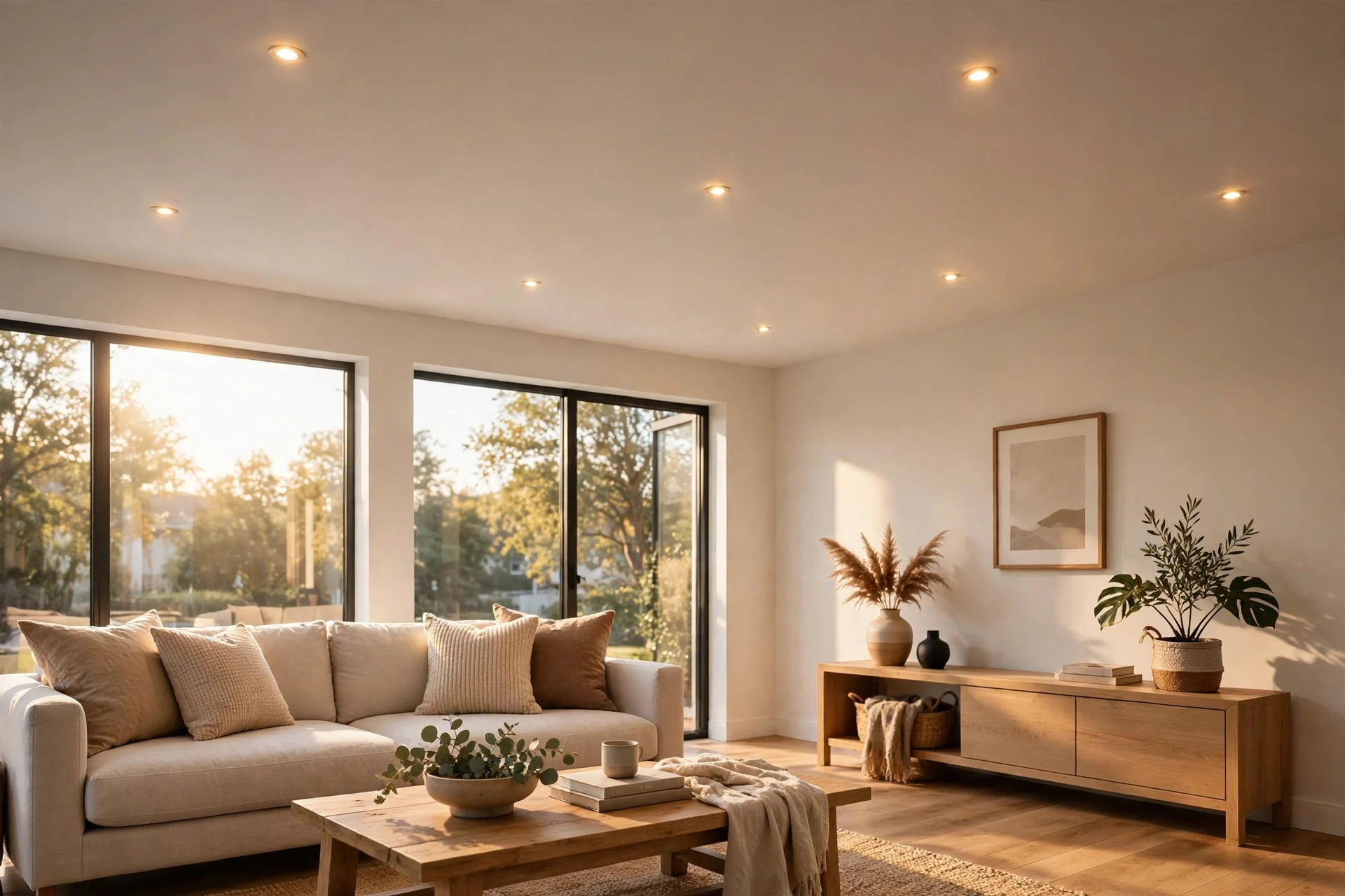 Recessed ceiling lights glowing without any hanging fixtures