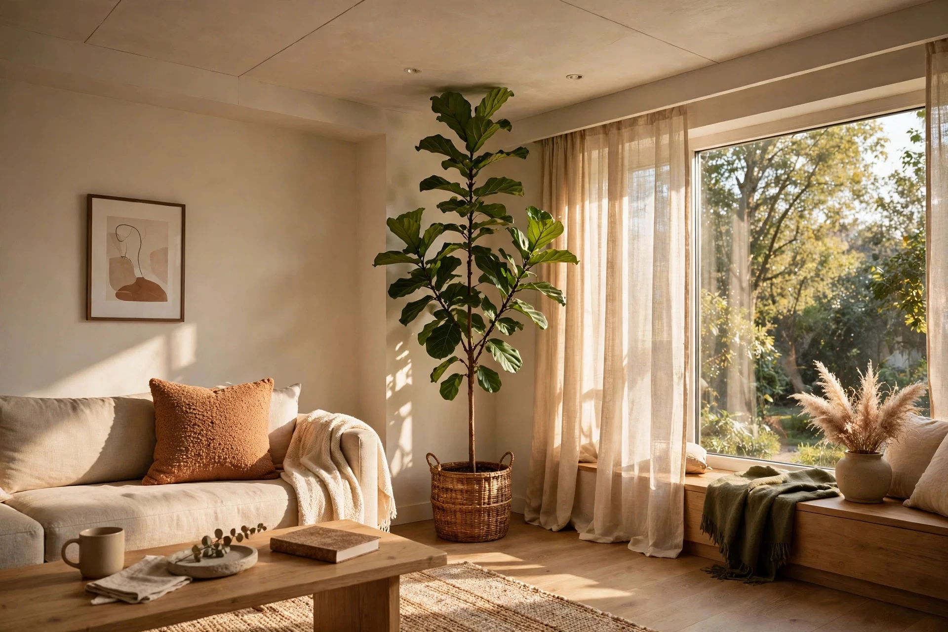 Tall fiddle-leaf fig tree reaching toward the living room ceiling