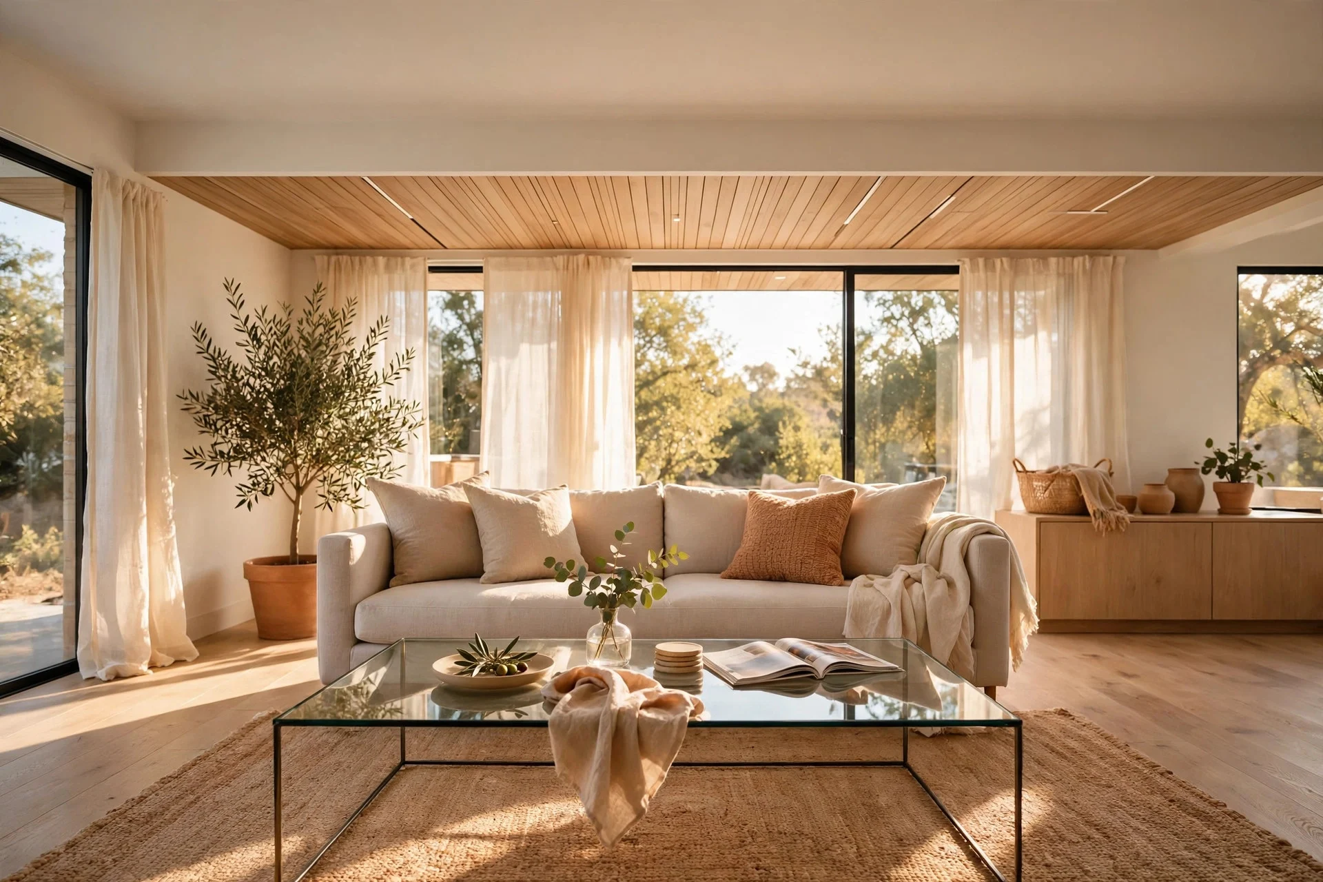 Glass coffee table keeping the center of the room visually light