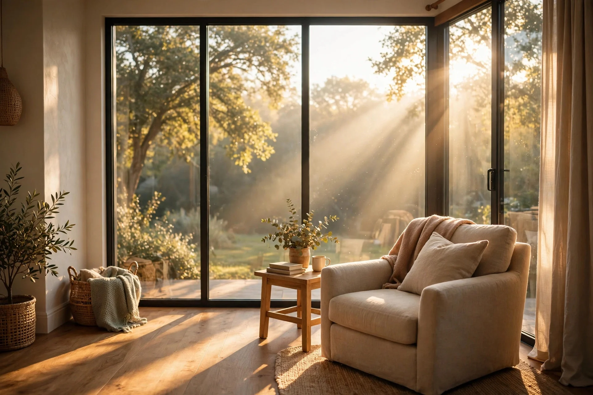 Living room window with soft morning light streaming over armchair