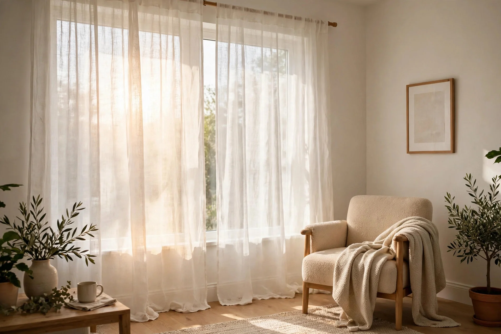 Sheer linen curtains filtering bright daylight in living room