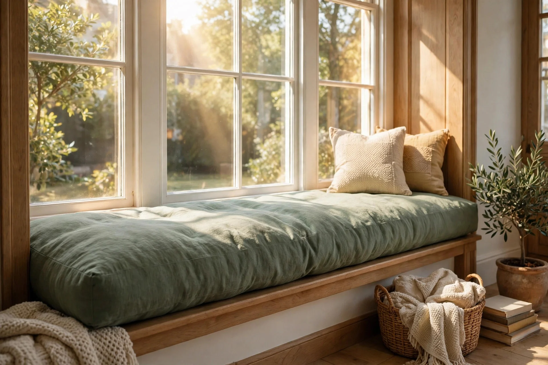 Sage linen window seat cushion on wide living room sill