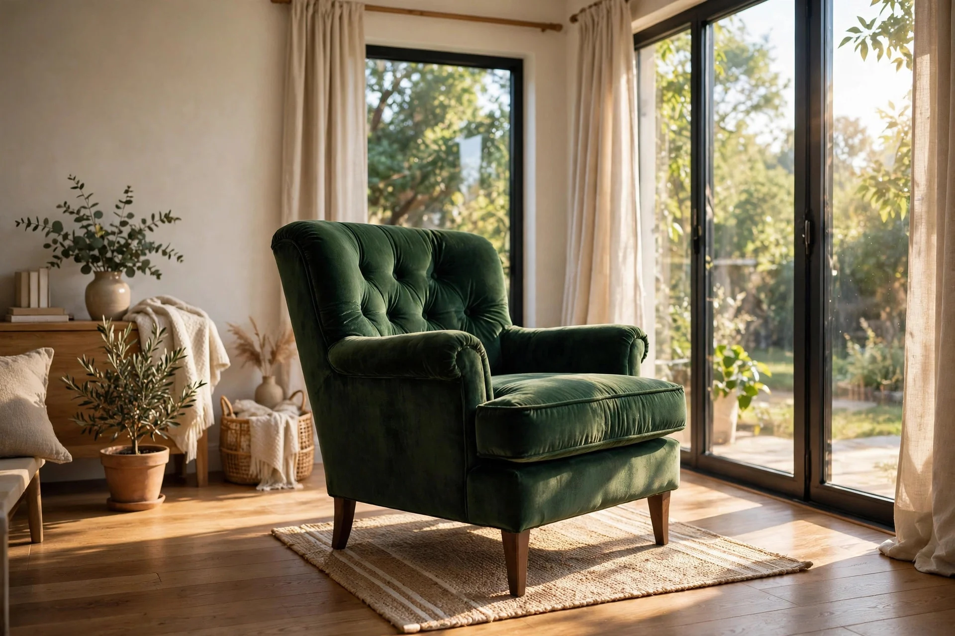 Deep green velvet armchair angled toward large living room window