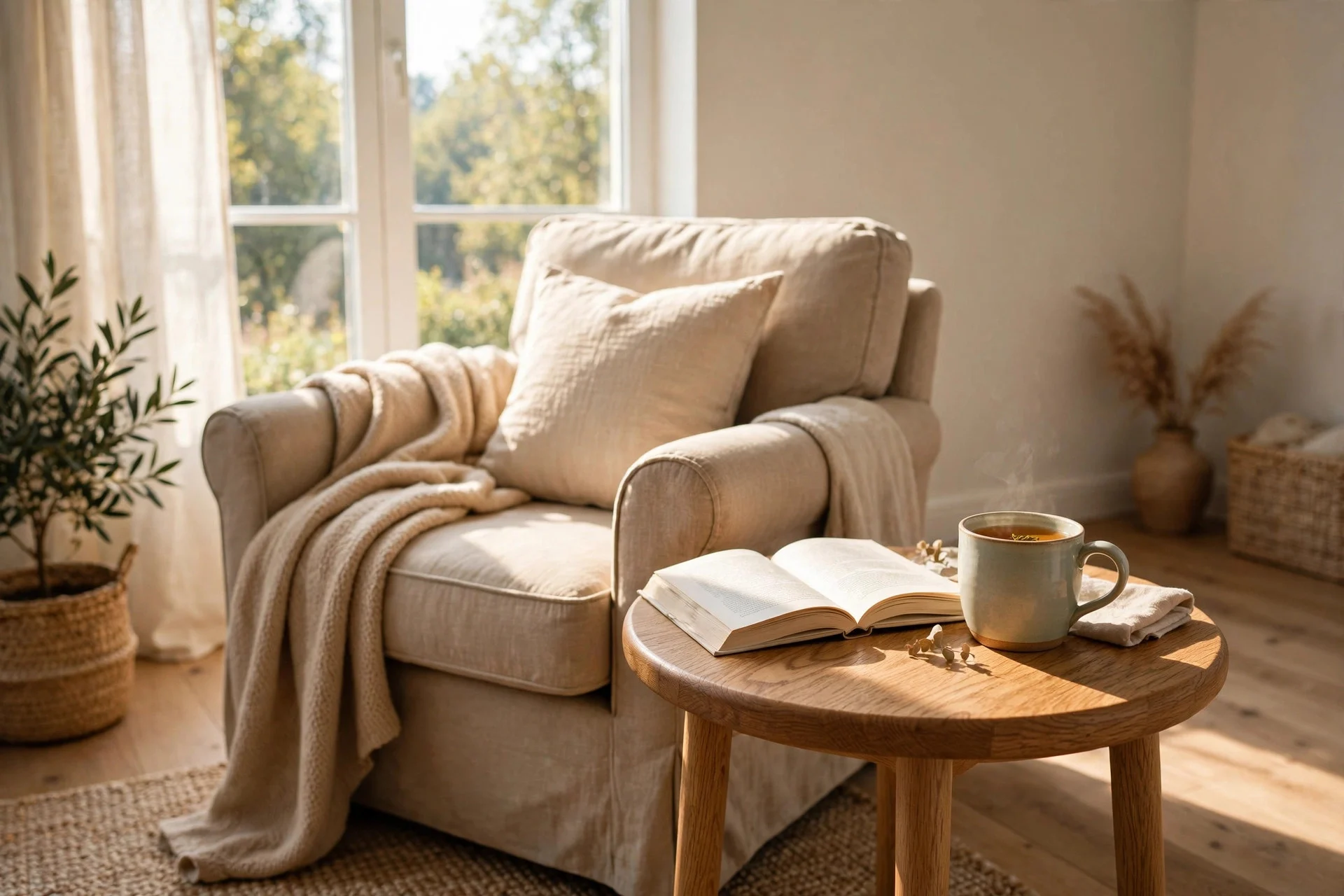 Small oak side table beside armchair with book and tea cup