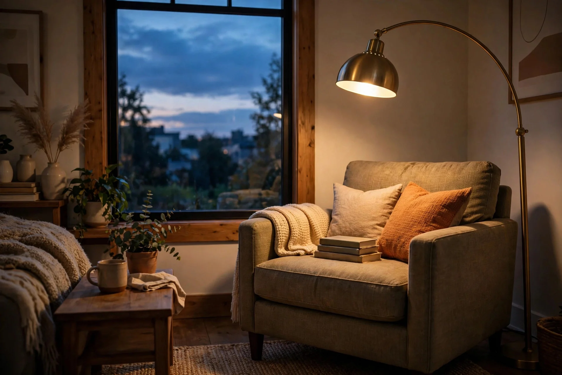 Brass arc floor lamp glowing beside reading chair at dusk