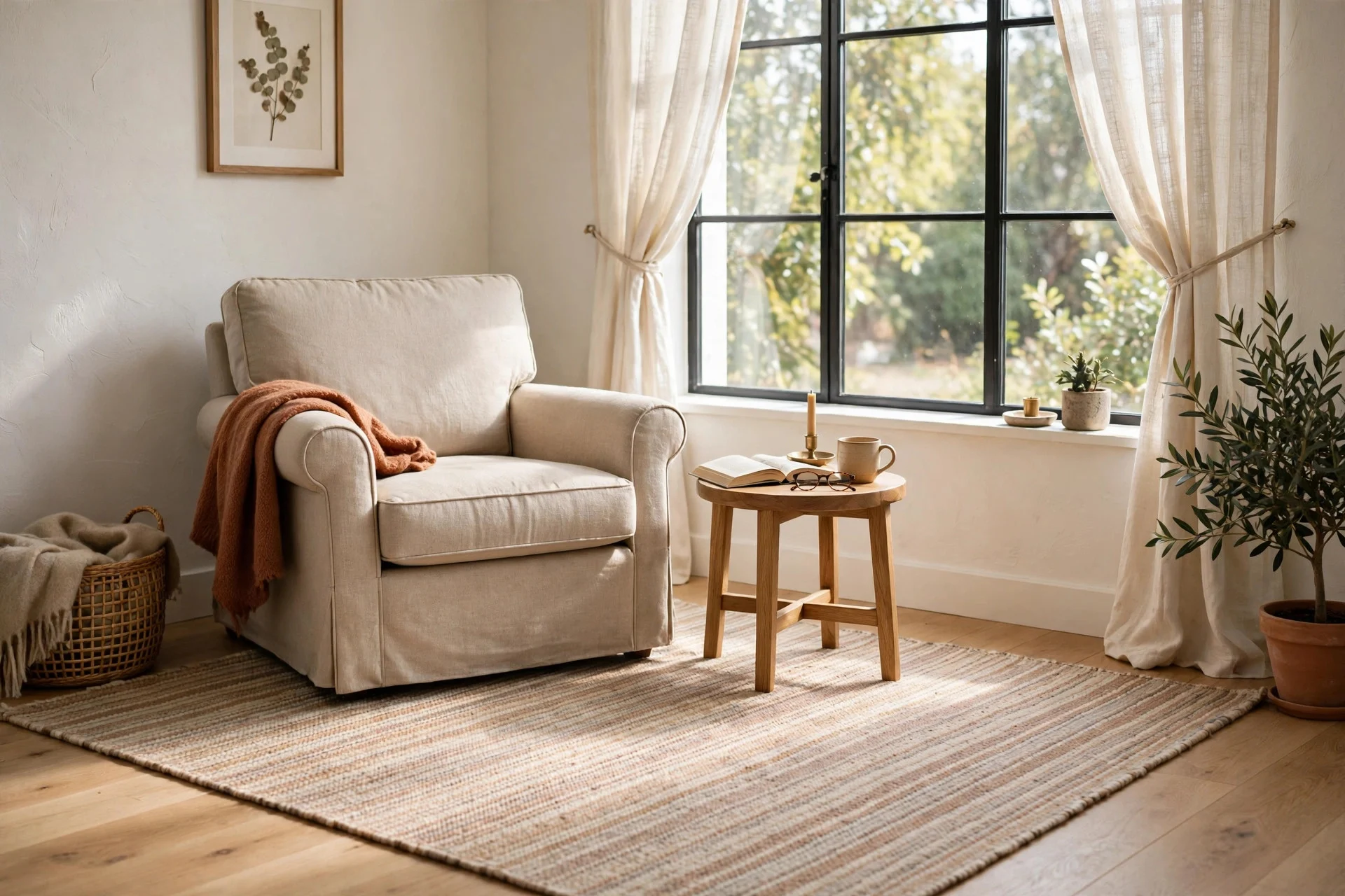 Patterned wool rug under reading chair in bright living room