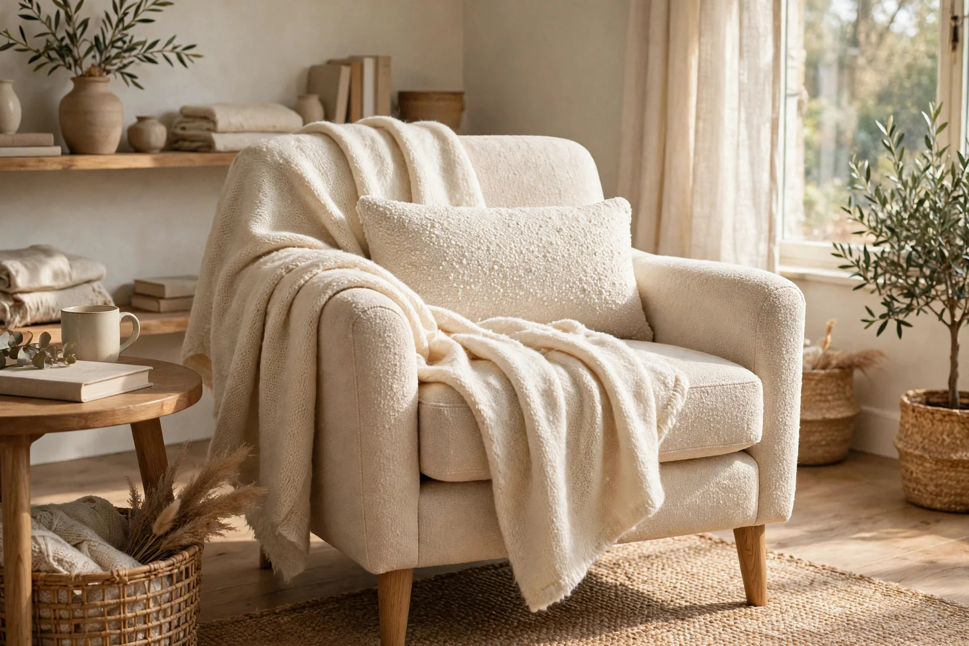 Wool throw blanket and bouclé cushion draped on armchair