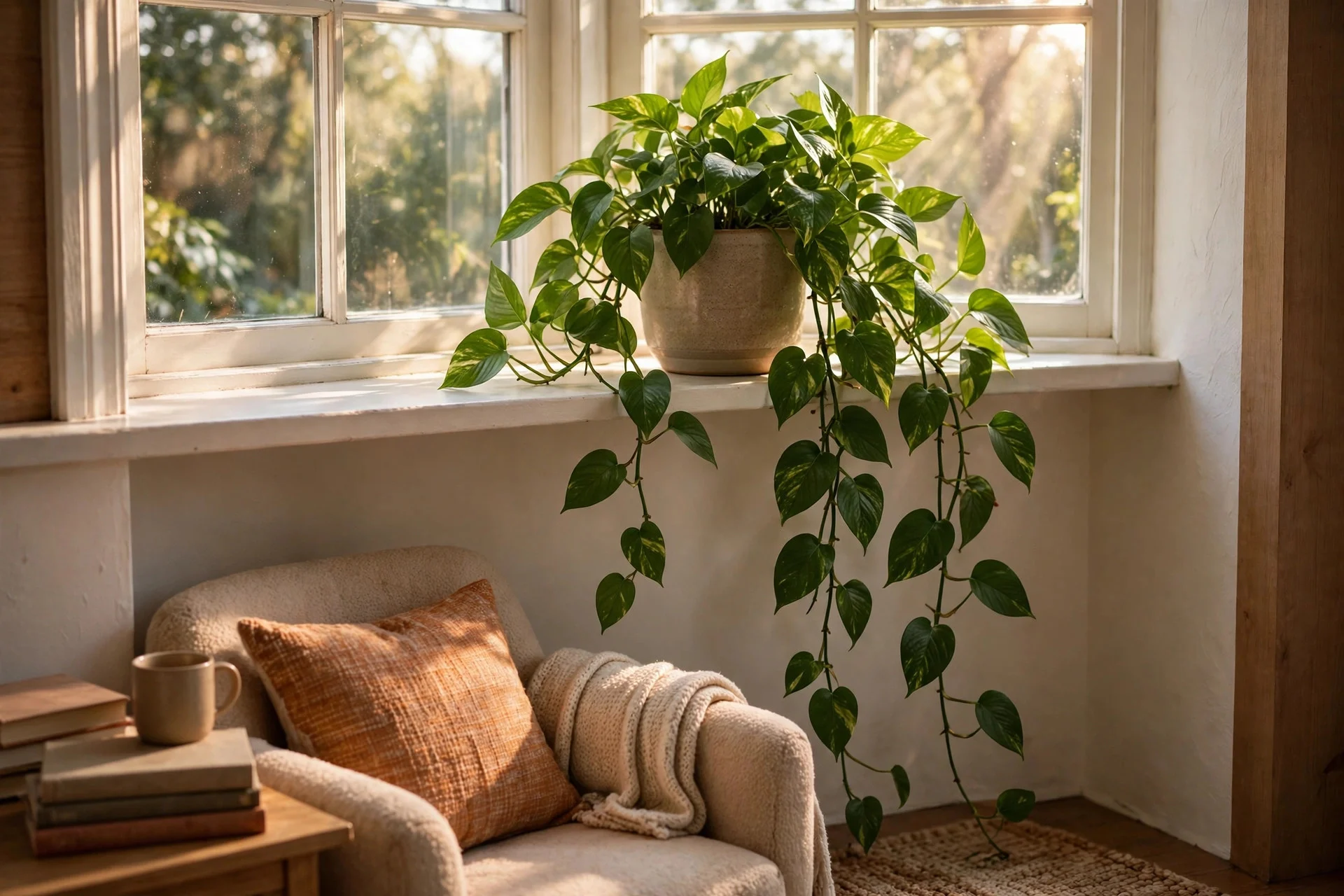 Pothos plant trailing from bright windowsill above reading corner